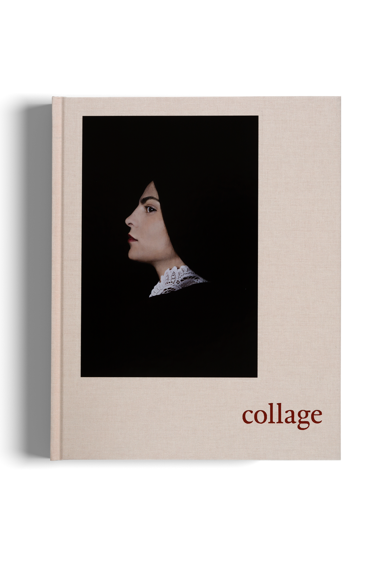 Book titled 'collage' with a portrait on the cover against a white background