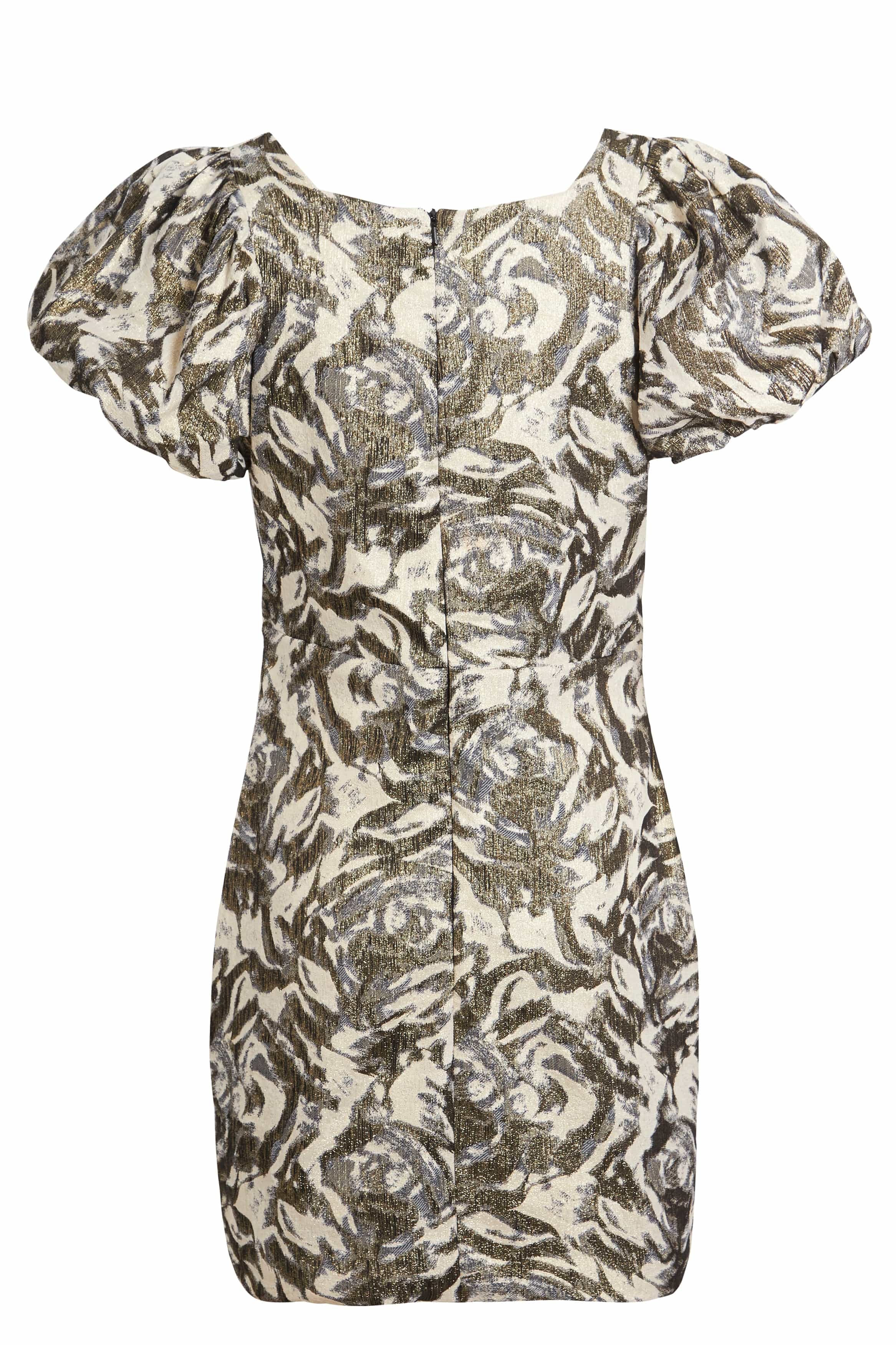 Back of a short-sleeve dress with floral pattern on a white background