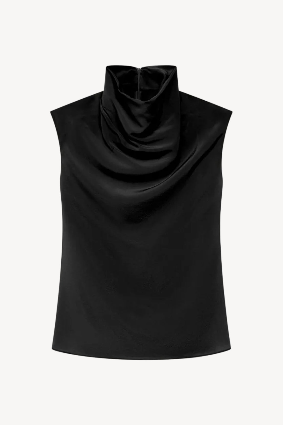 A black sleeveless top with a dramatic draped cowl neck, displayed on a clean white background.