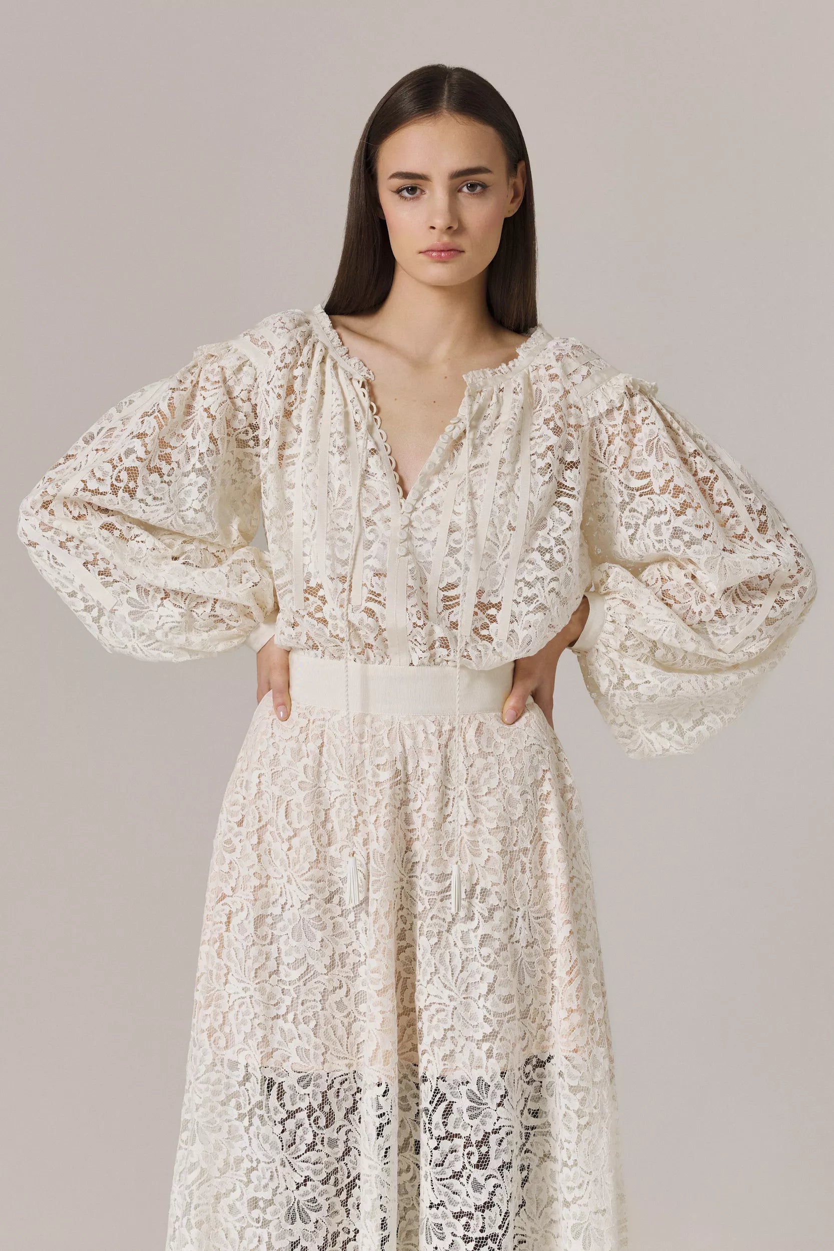 OZANA LACE DRESS WITH GROSGRAIN APPLIQUE IN SUGAR