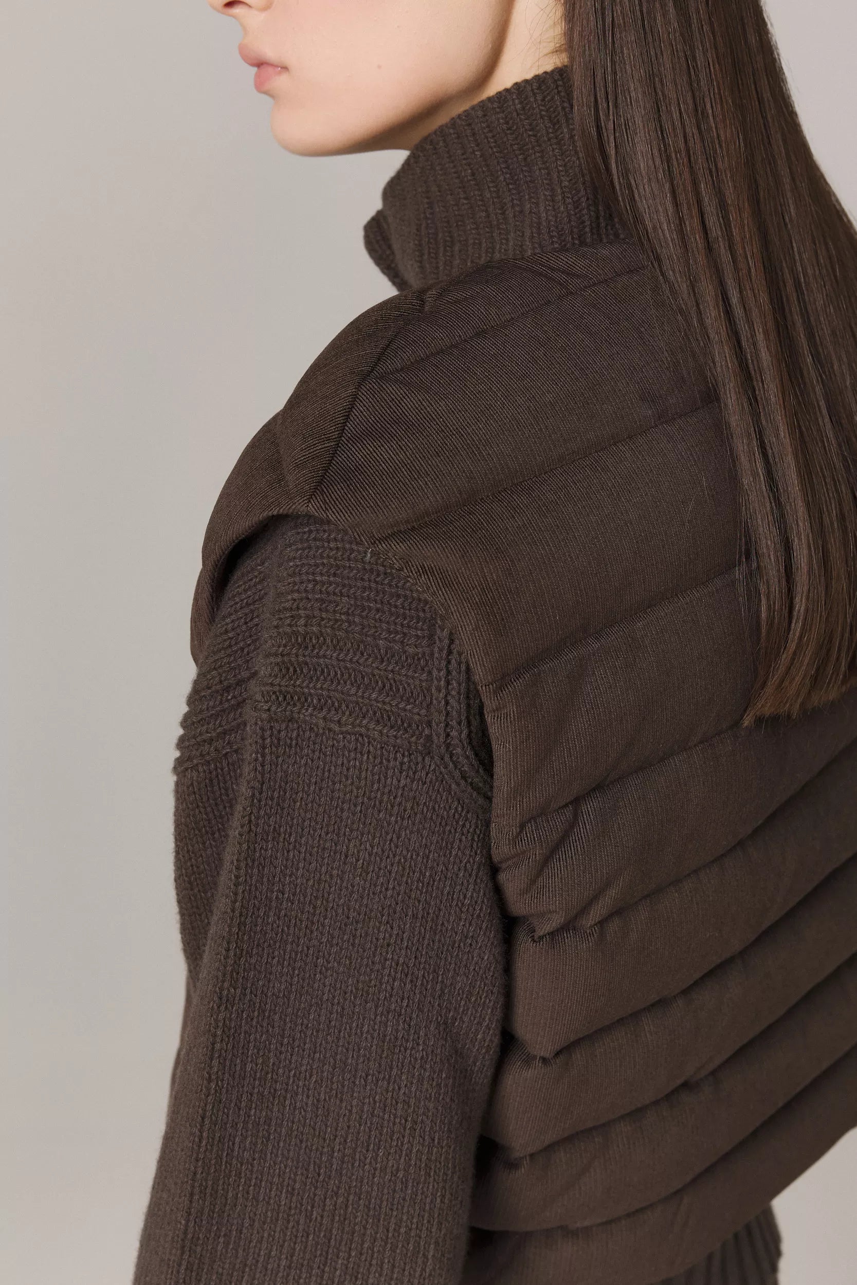 LOGAN CASHMERE BLEND CARDIGAN WITH DOWN FILLED CORDUROY VEST IN UMBER