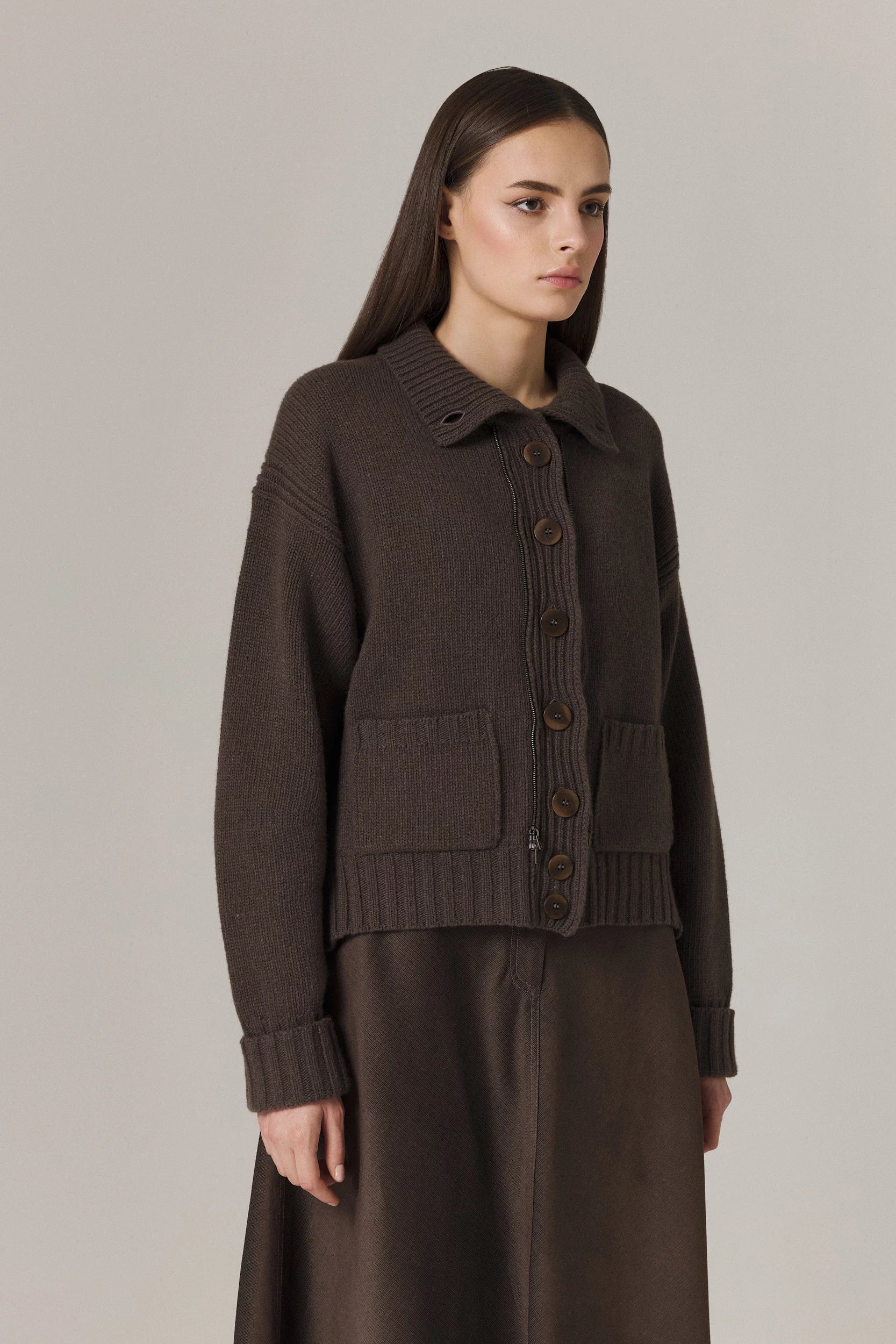 LOGAN CASHMERE BLEND CARDIGAN WITH DOWN FILLED CORDUROY VEST IN UMBER