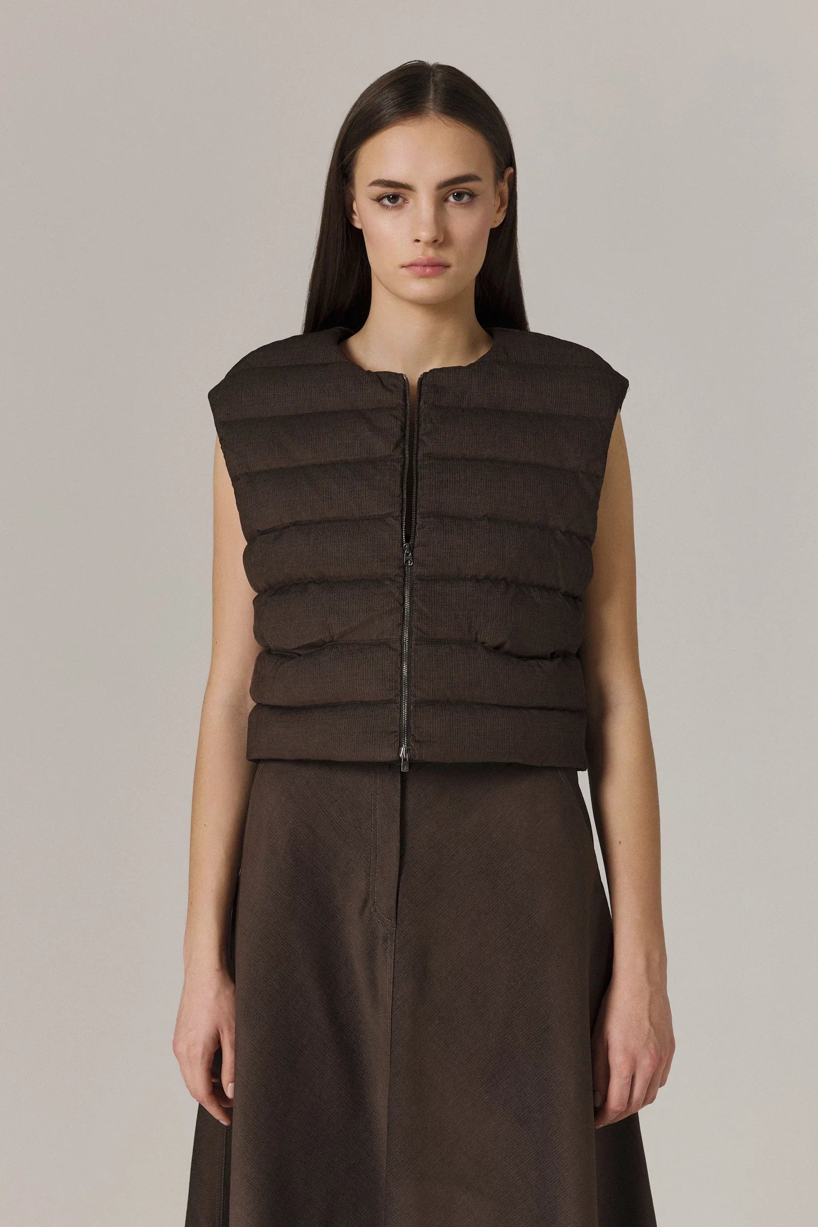 LOGAN CASHMERE BLEND CARDIGAN WITH DOWN FILLED CORDUROY VEST IN UMBER