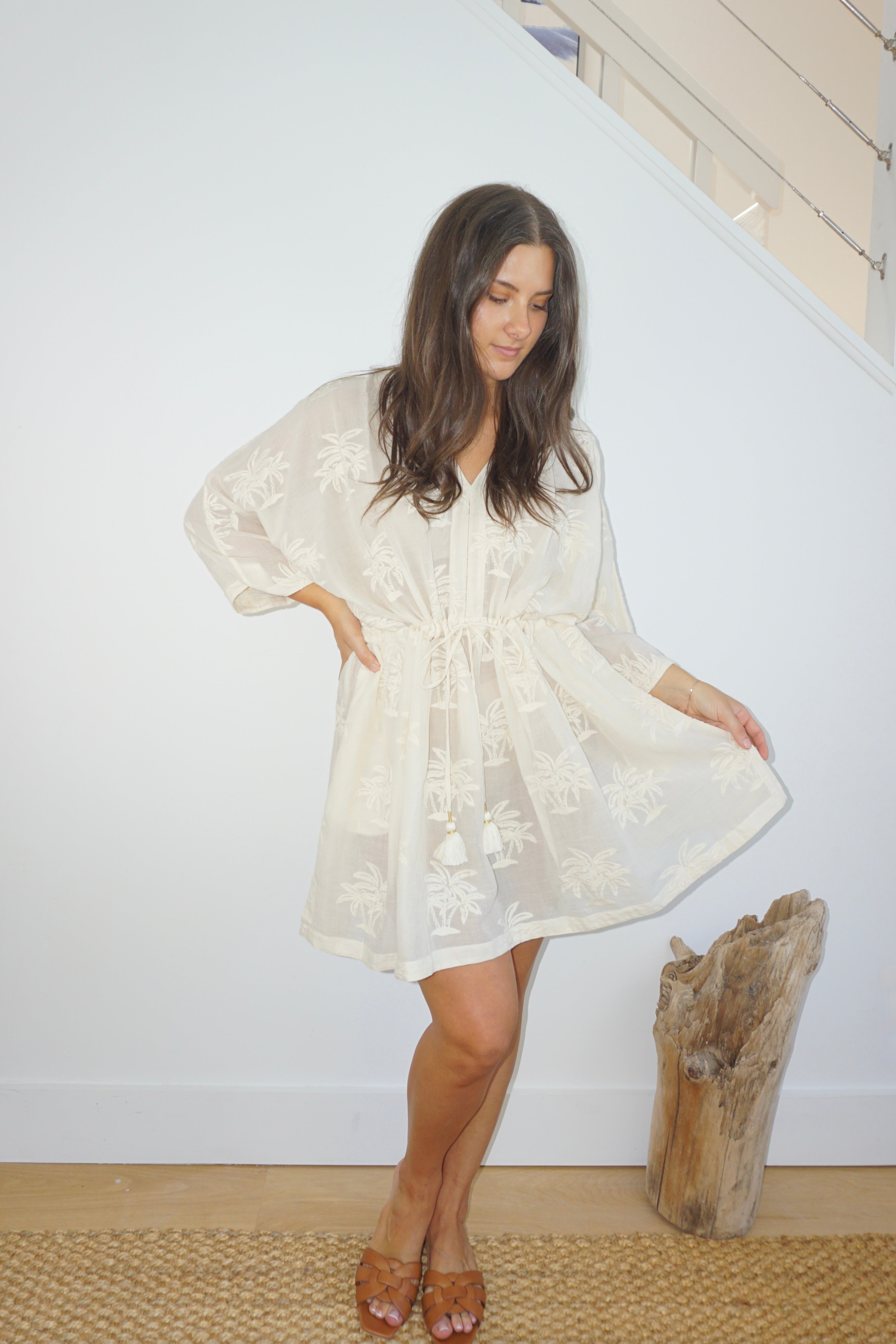 Savannah Kaftan in Cream Palm Embroidery