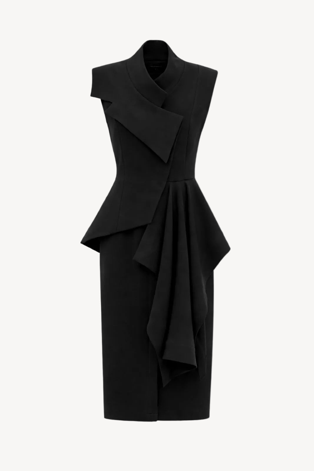 Black sleeveless dress with layered design and asymmetrical collar