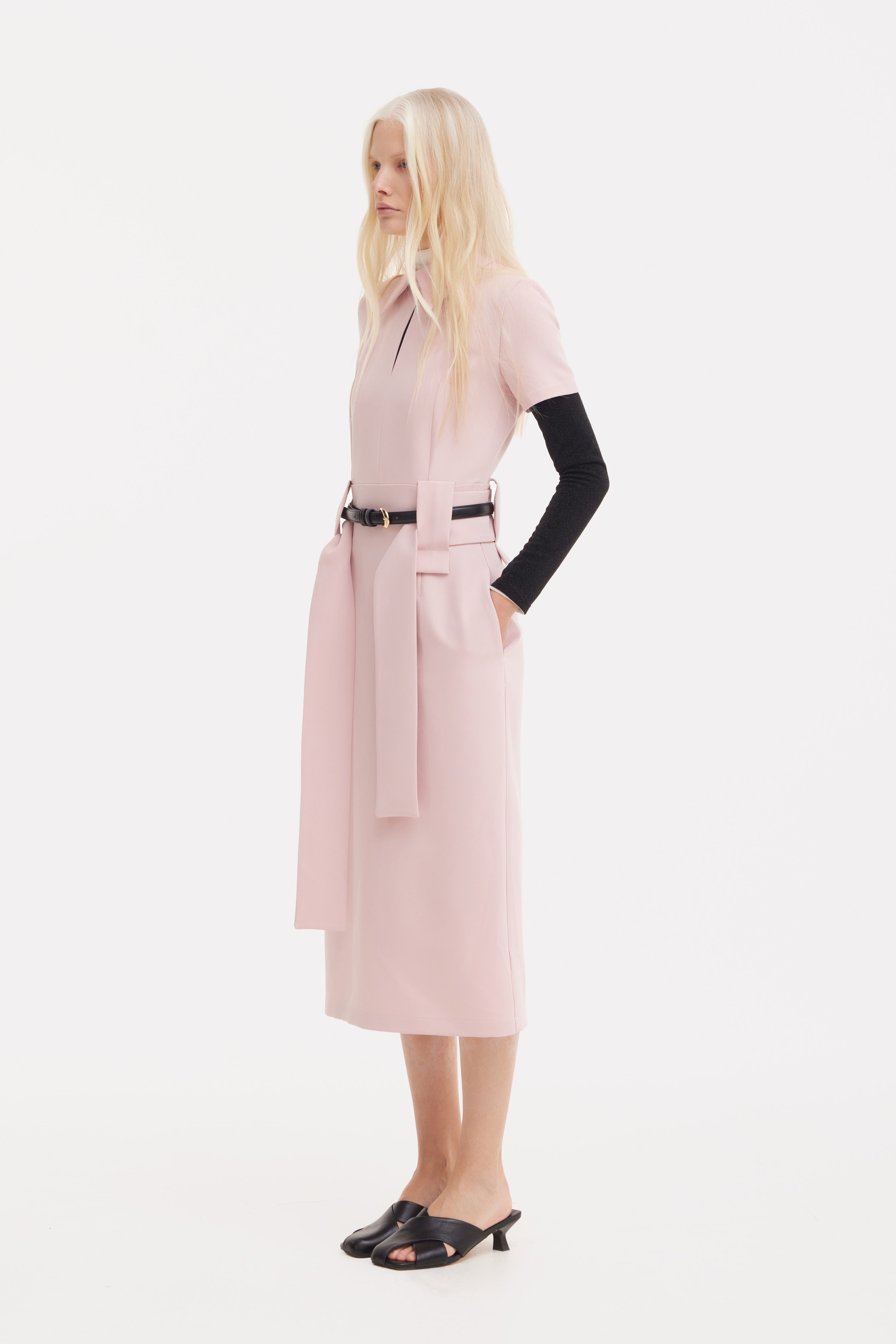 Short Sleeve Midi Dress With Belt | Blush Pink