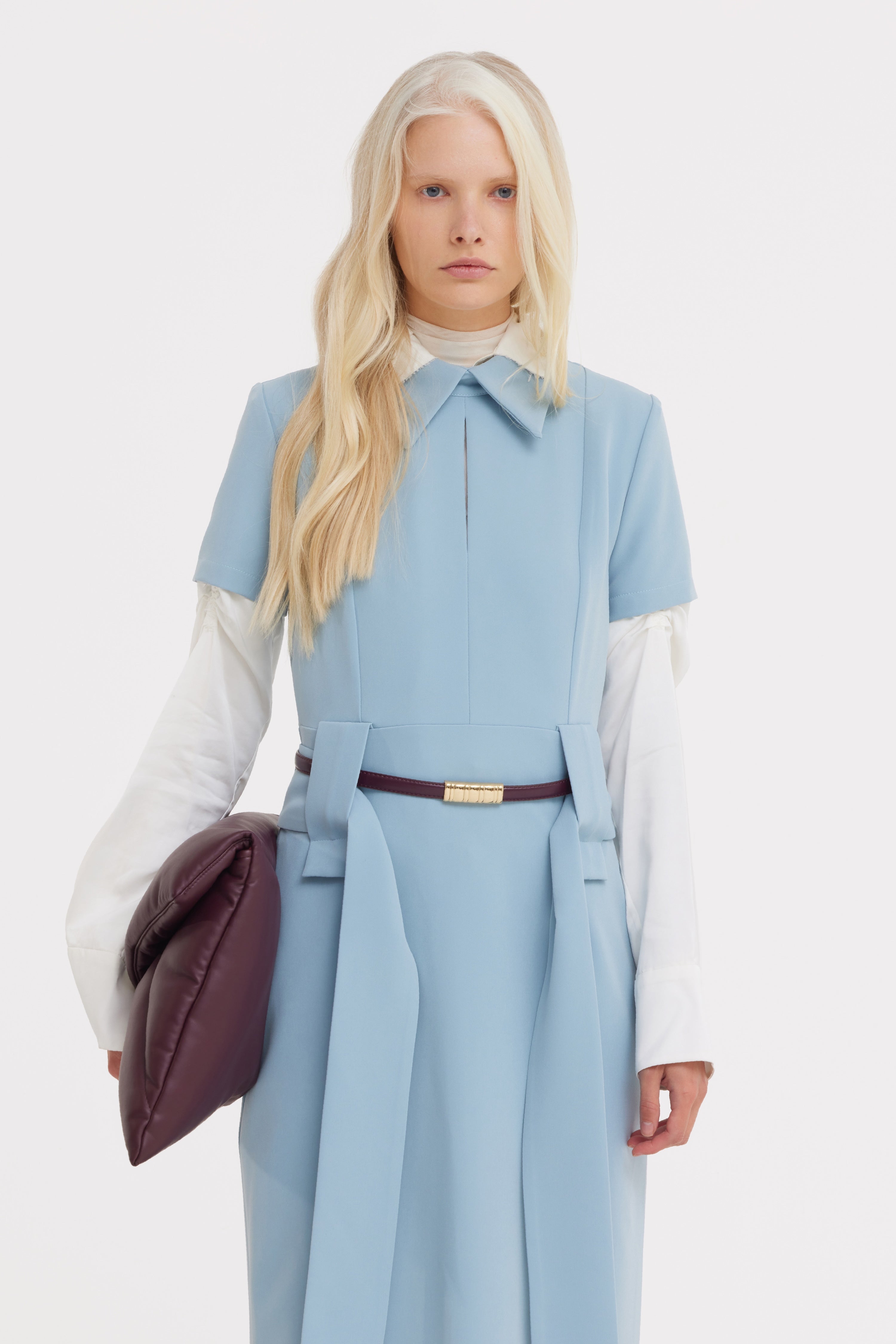 Short Sleeve Midi Dress With Belt | Light Blue