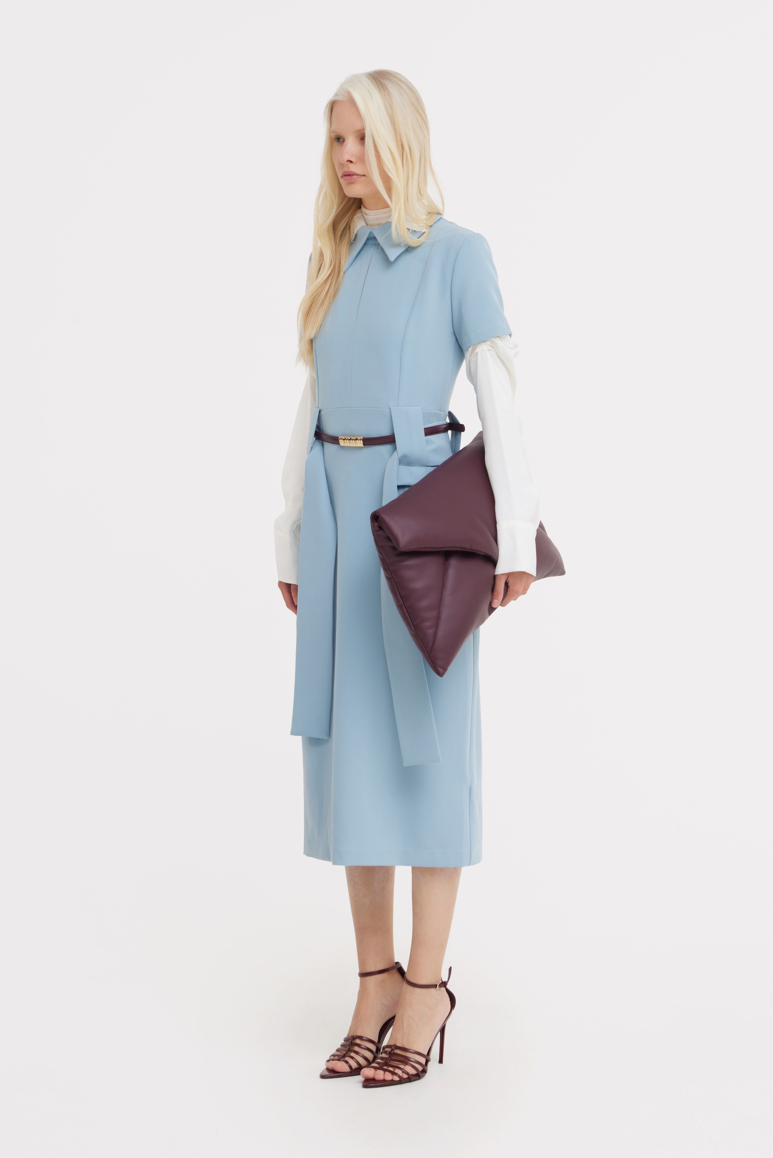 Short Sleeve Midi Dress With Belt | Light Blue
