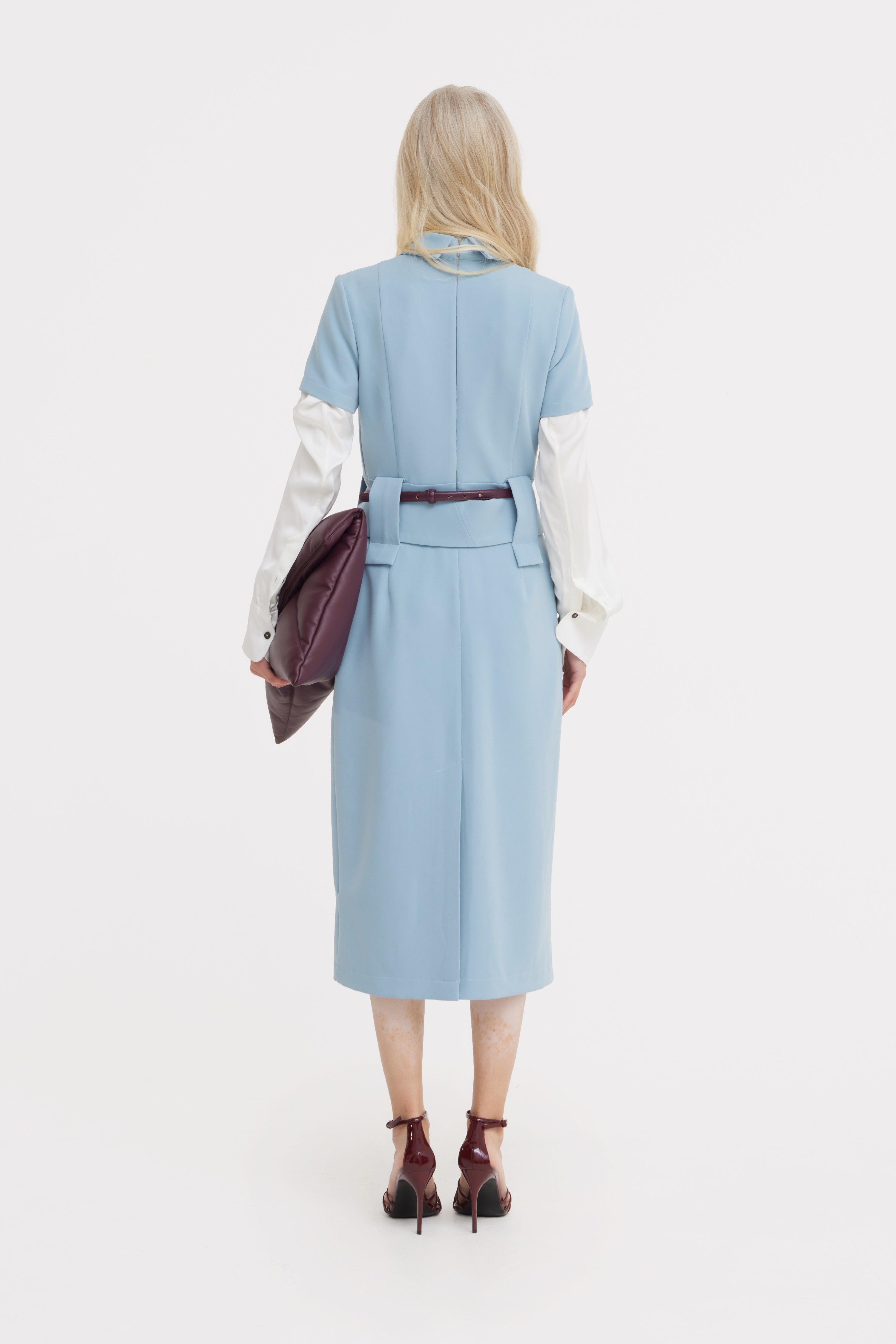 Short Sleeve Midi Dress With Belt | Light Blue