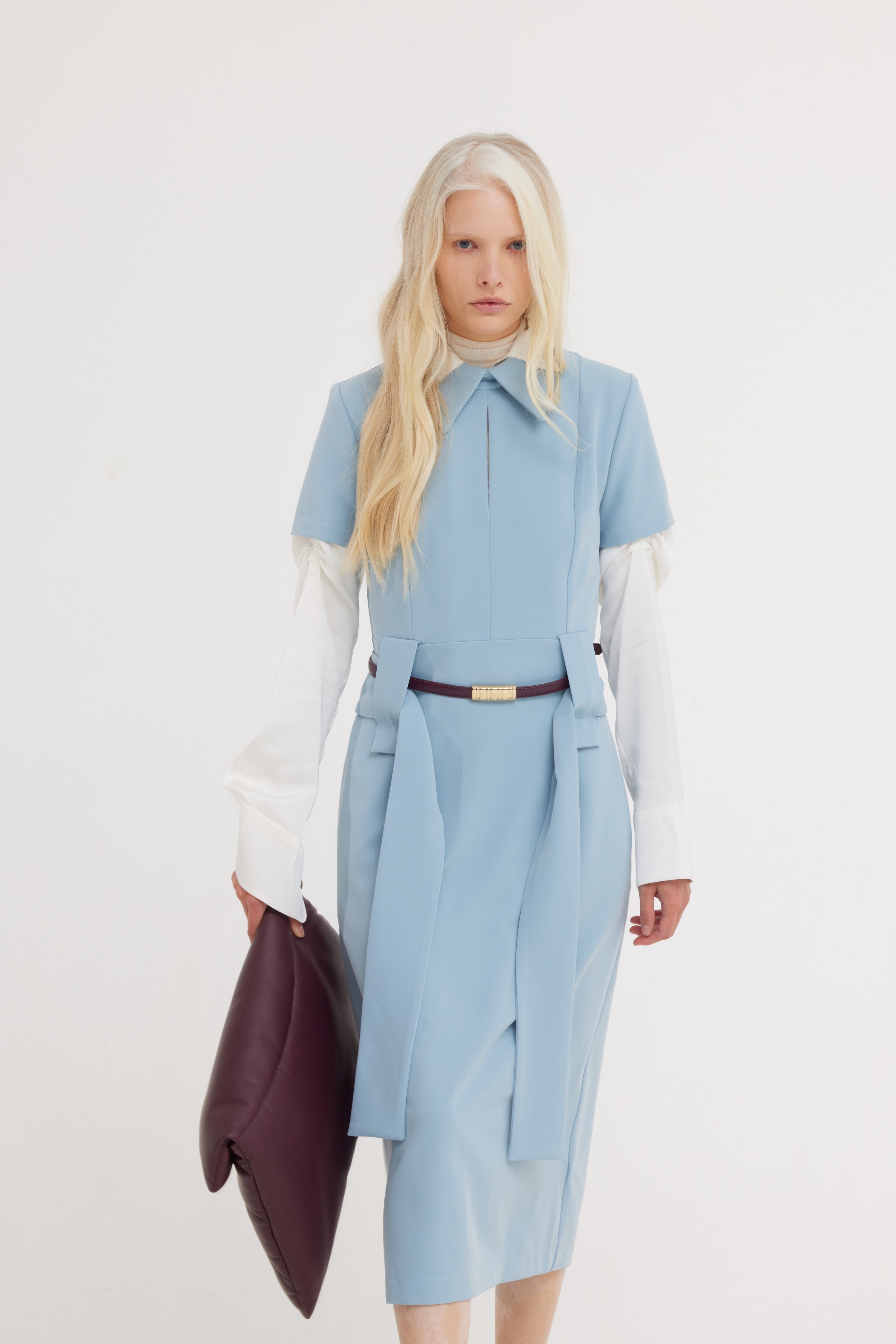Short Sleeve Midi Dress With Belt | Light Blue