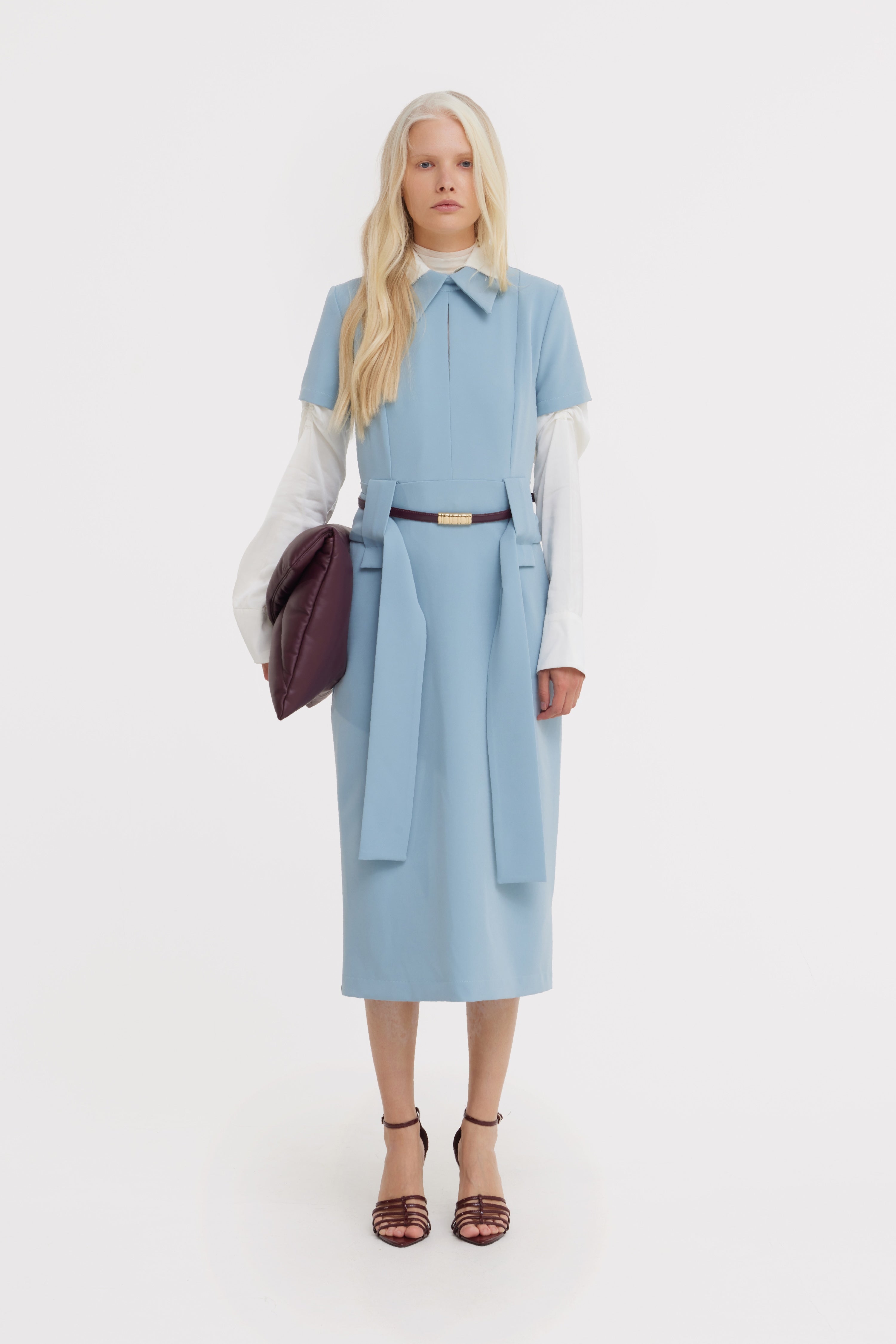 Short Sleeve Midi Dress With Belt | Light Blue