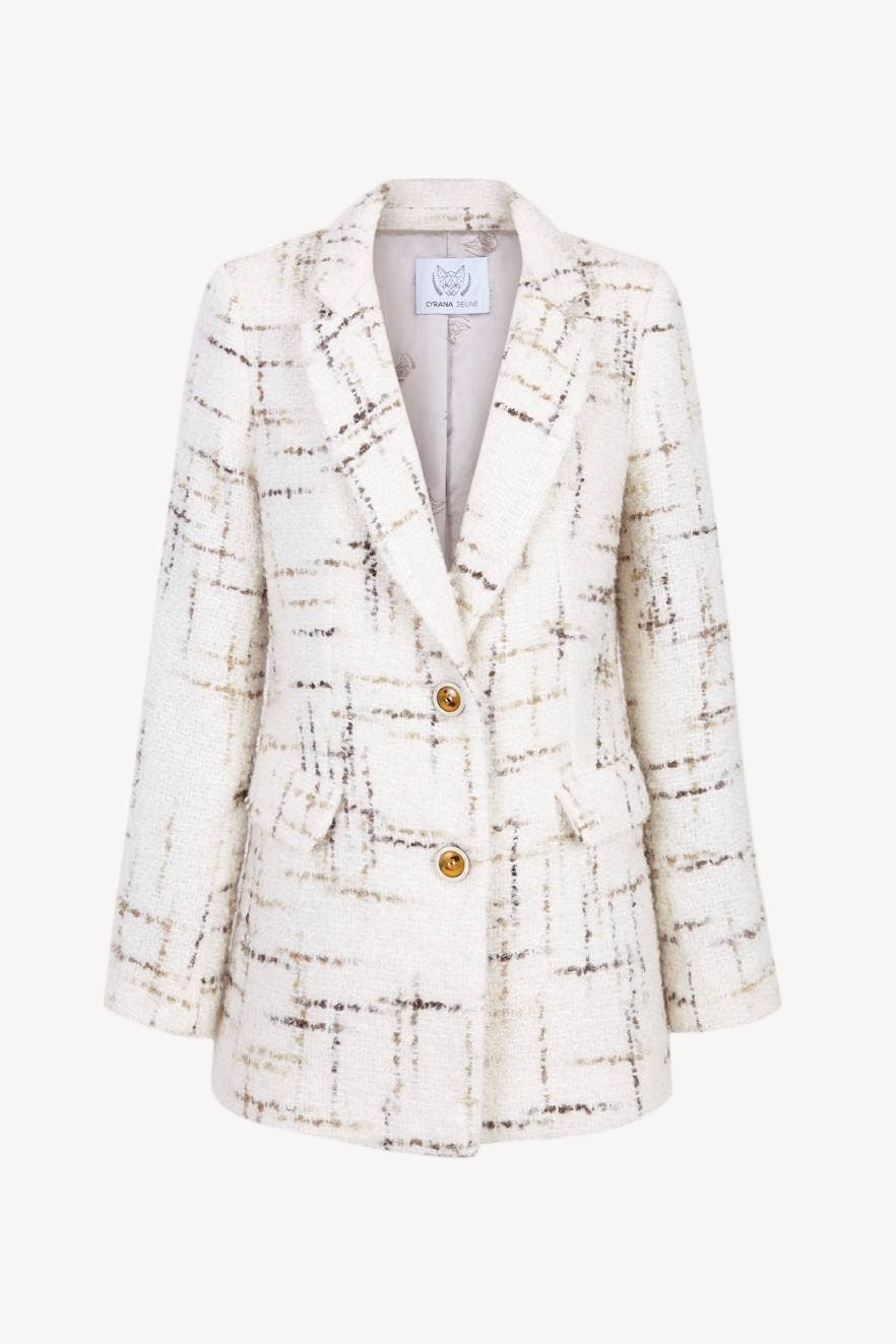 A beige, speckled blazer with a dual-button closure and a flapped pocket, displayed on a white background.