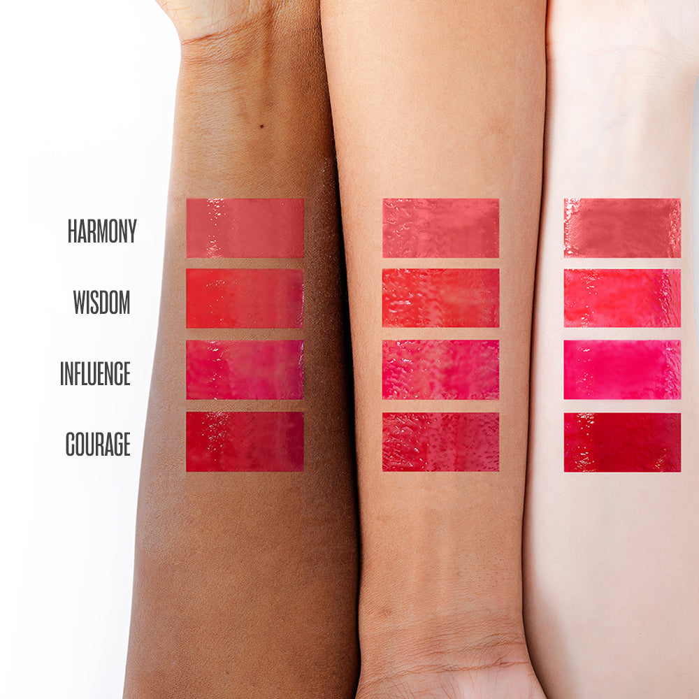Lipstick swatches on three different skin tones with descriptive text.