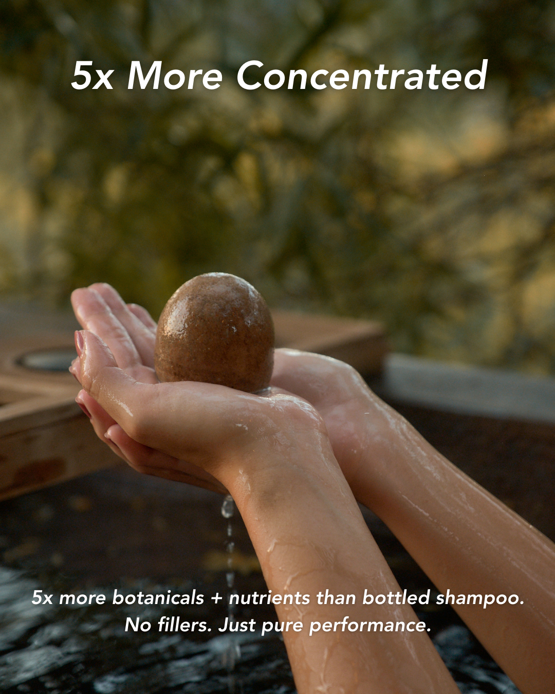 Hand holding a bar of soap with text about concentration and purity.