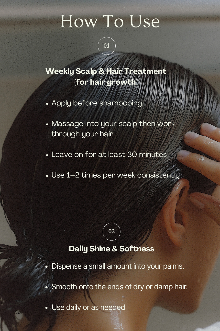 Instructions on how to use a hair care product with a close-up of hair and hand.