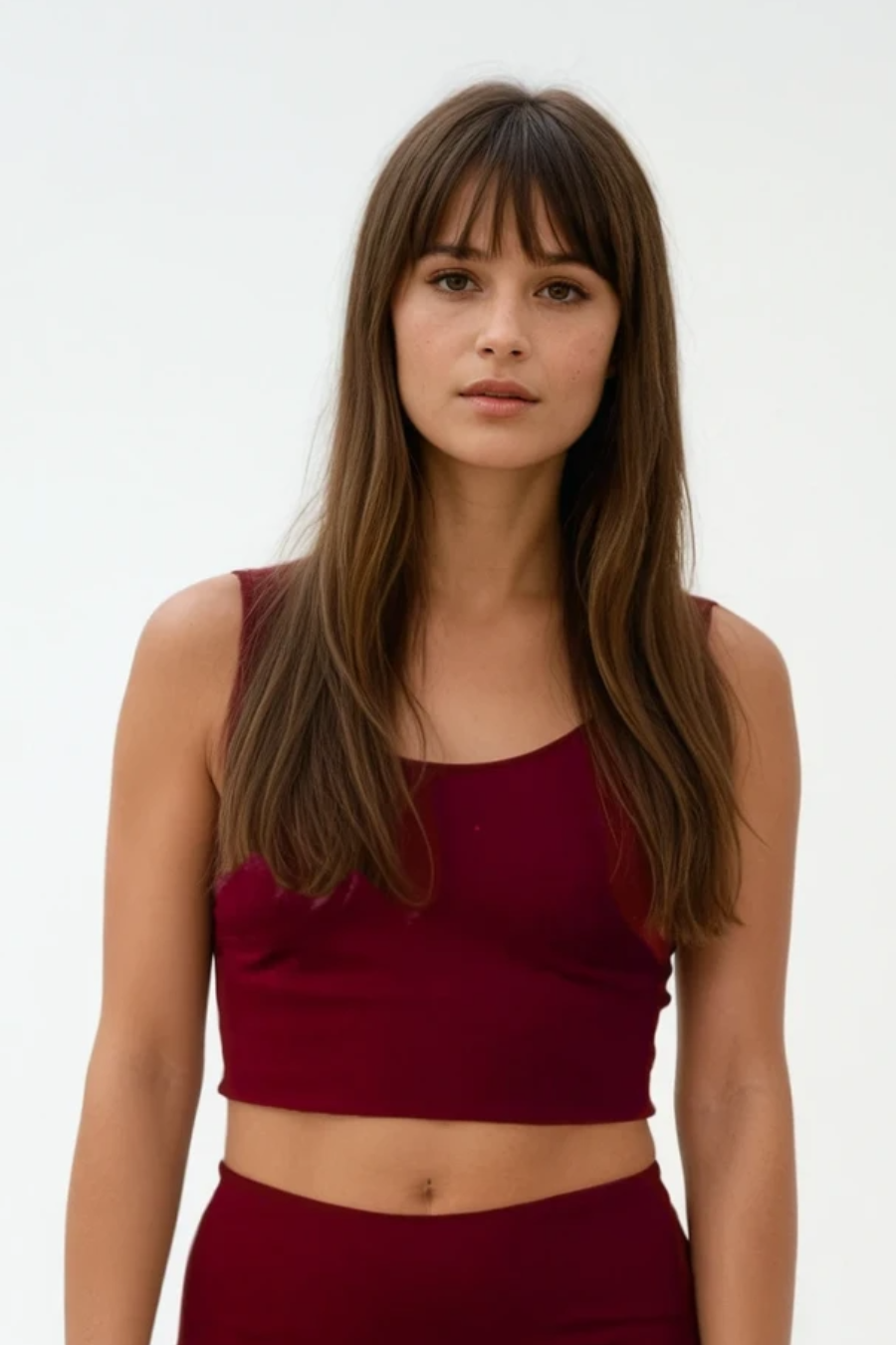 Woman wearing a maroon sleeveless top against a white background
