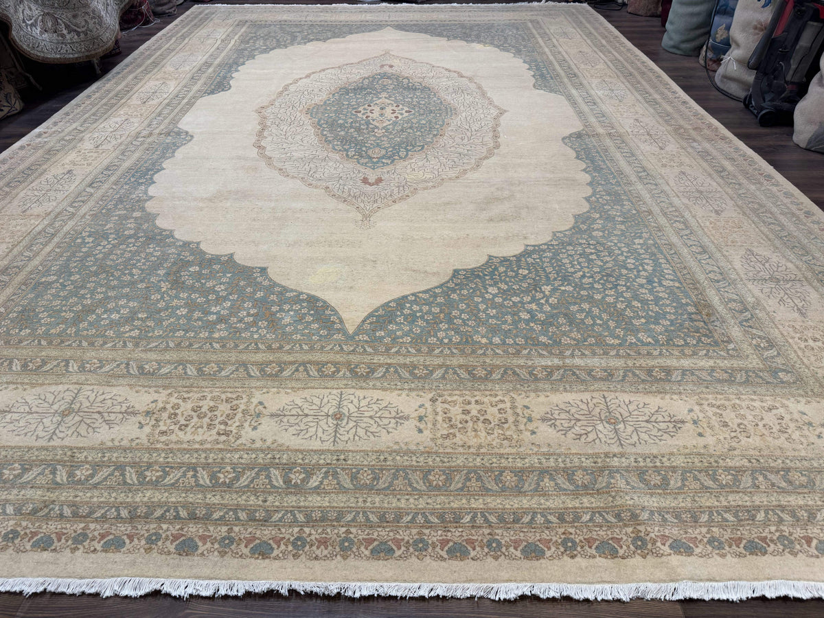 Palace Sized Pakistani Rug 12x18 | Haji Jalili Design, Oat and Light Blue | Fine 260 KPSI