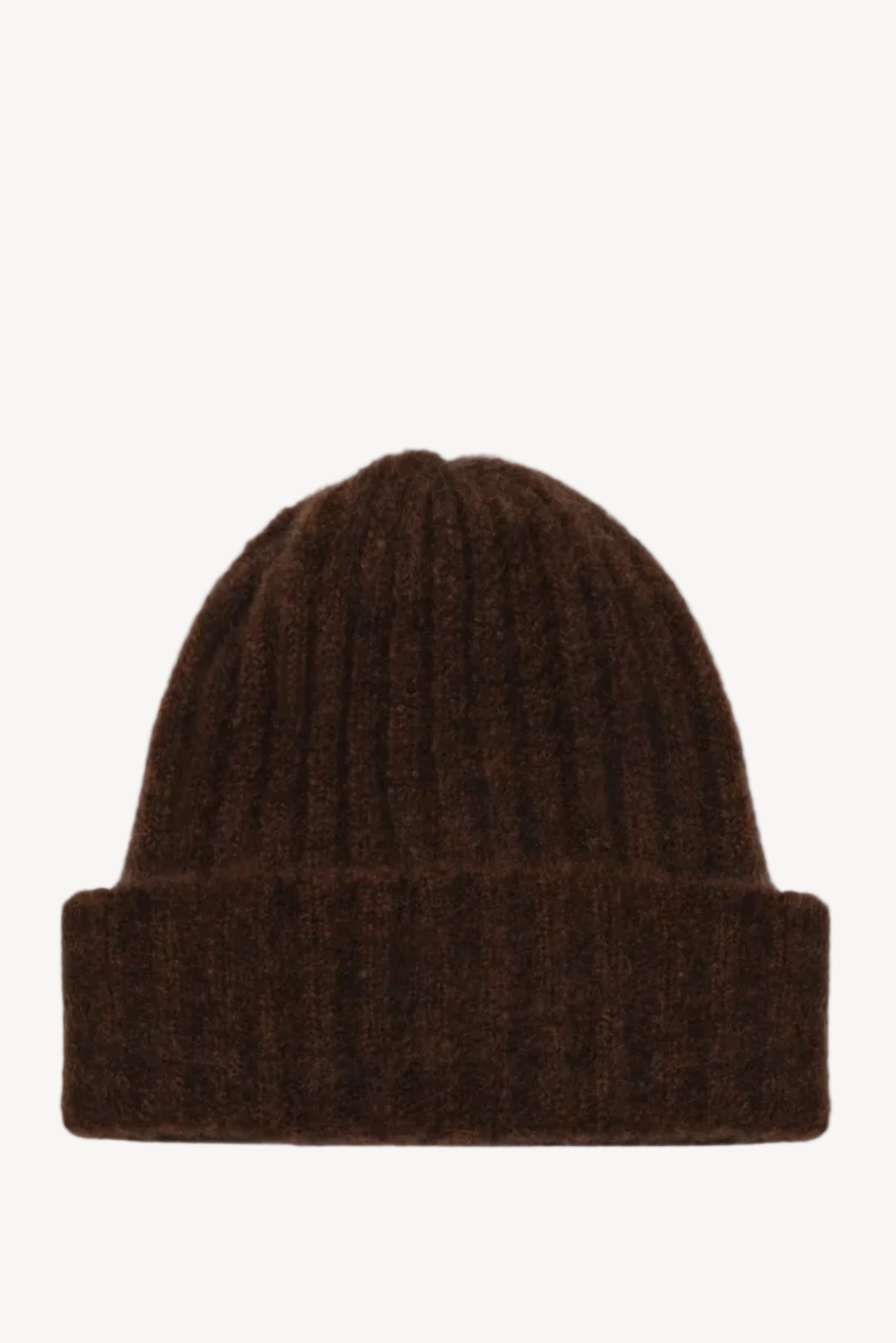 Brown knit beanie on a light gray background