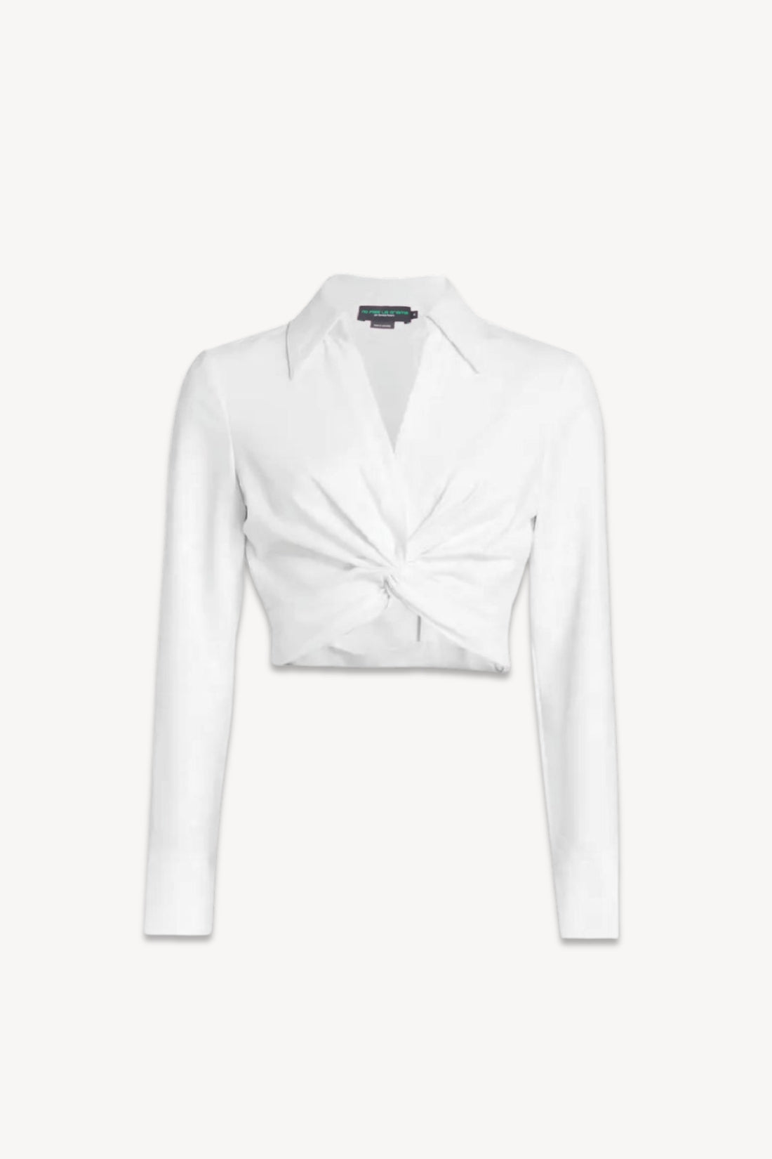 White cropped shirt with a knot detail on a white background
