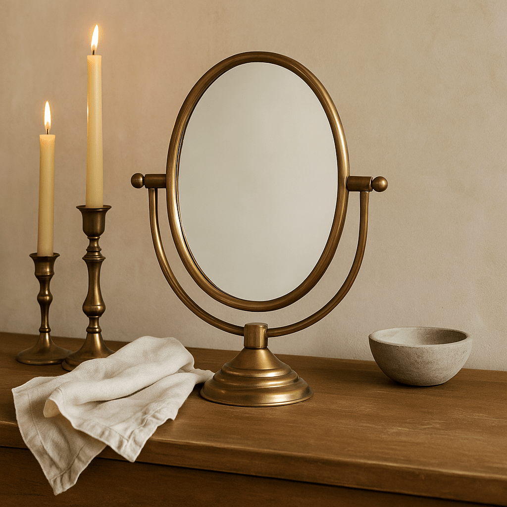 Austine Framed Mirror on Stand | Antique Brass Finish