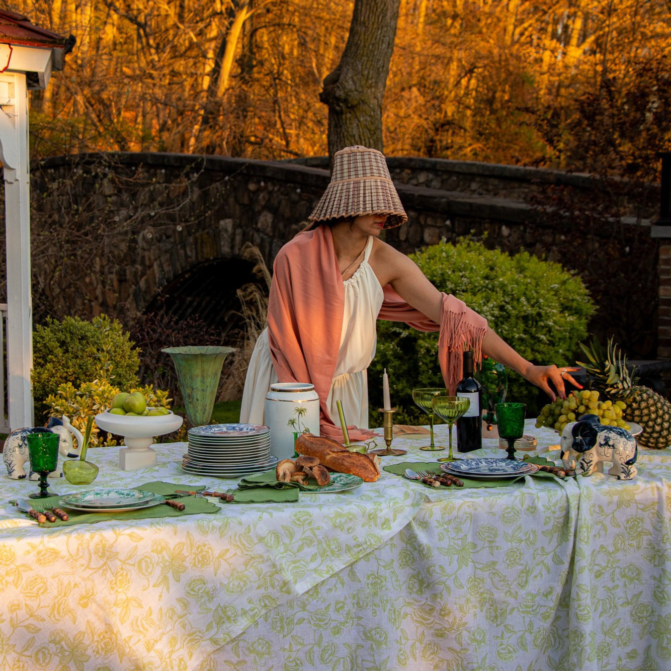 Woman setting a table outdoors with a scenic background
