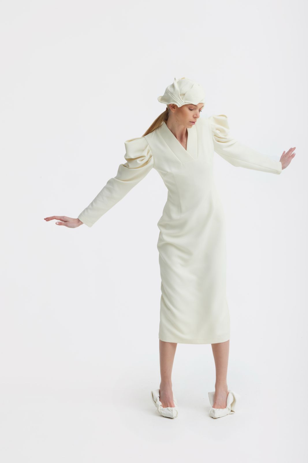 Crepe Midi Dress With Statement Sleeves | Ivory