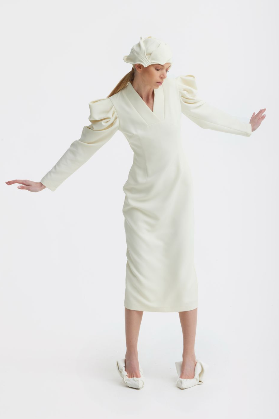Crepe Midi Dress With Statement Sleeves | Ivory