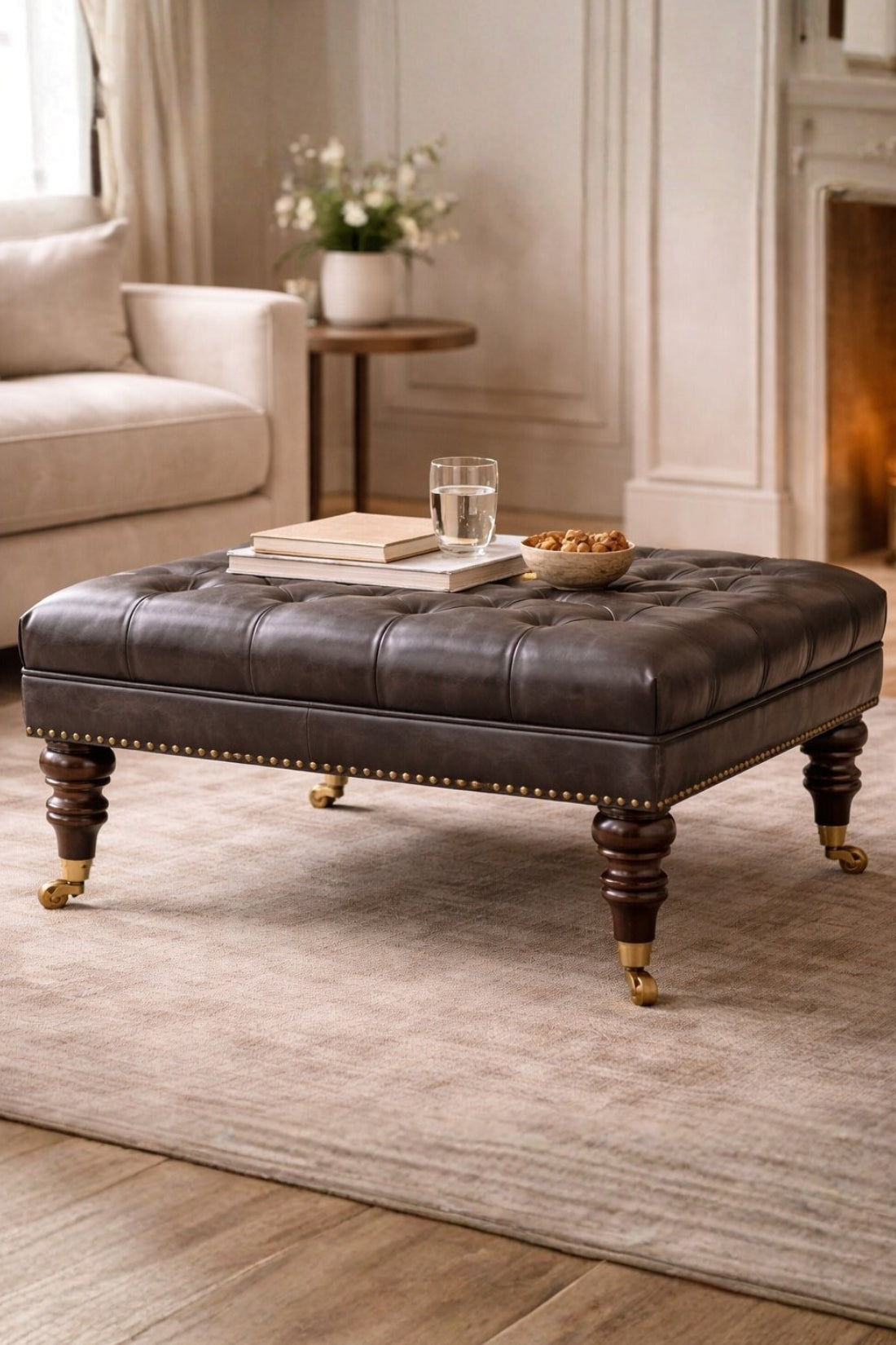 Black Leather Tufted Ottoman