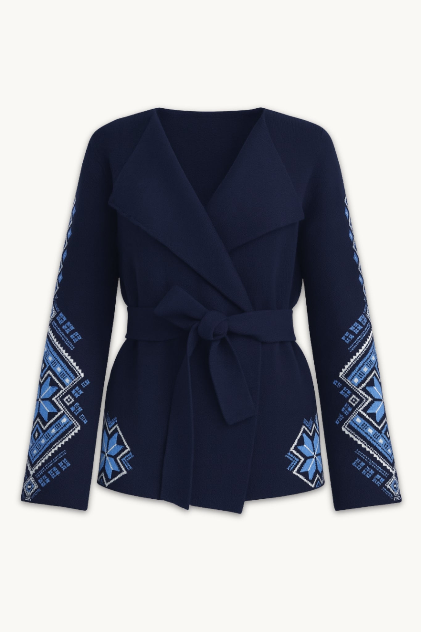 Navy blue jacket with blue geometric patterns on sleeves against a white background