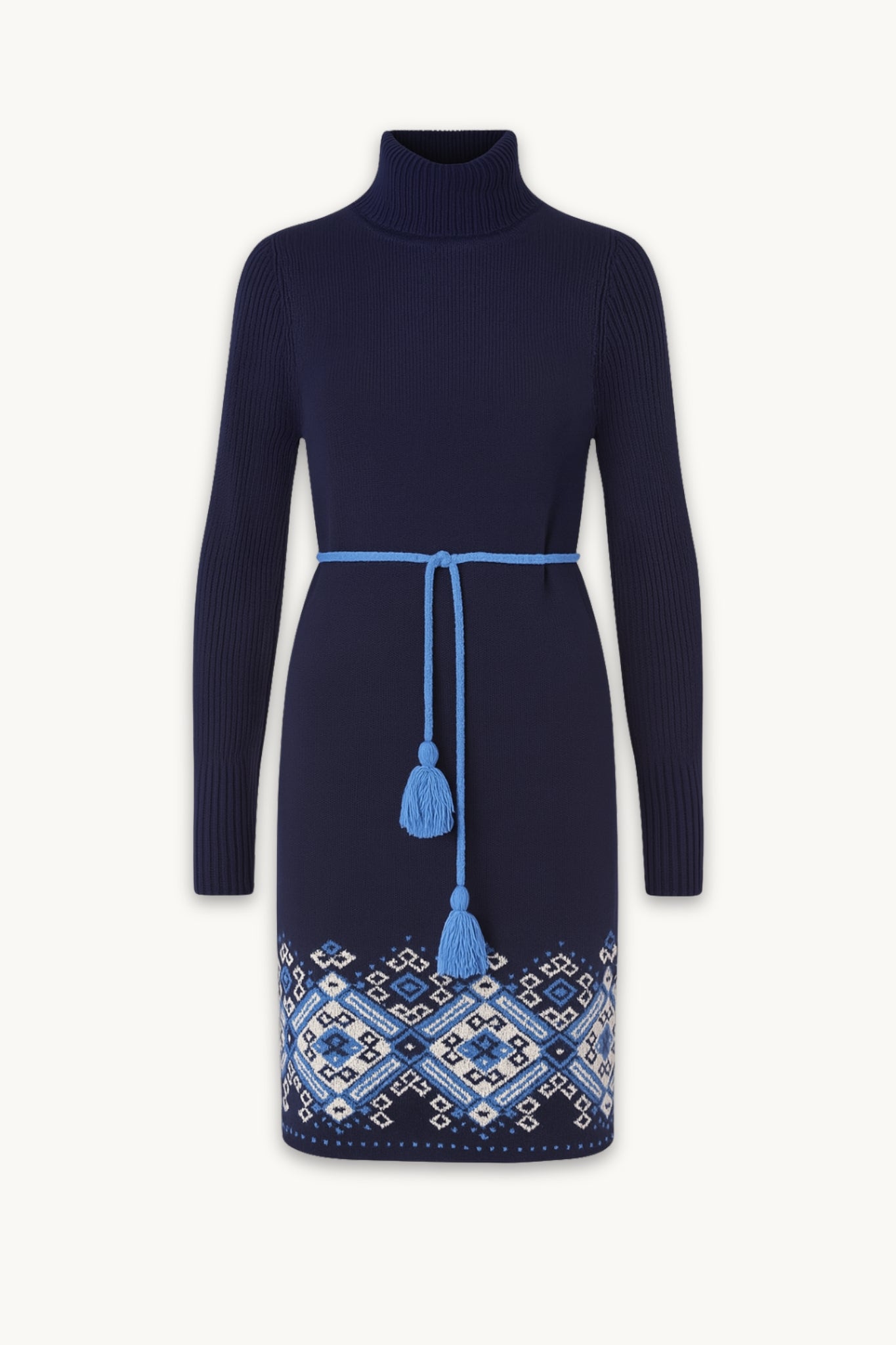 Navy dress with blue tassels and patterned hem on a white background