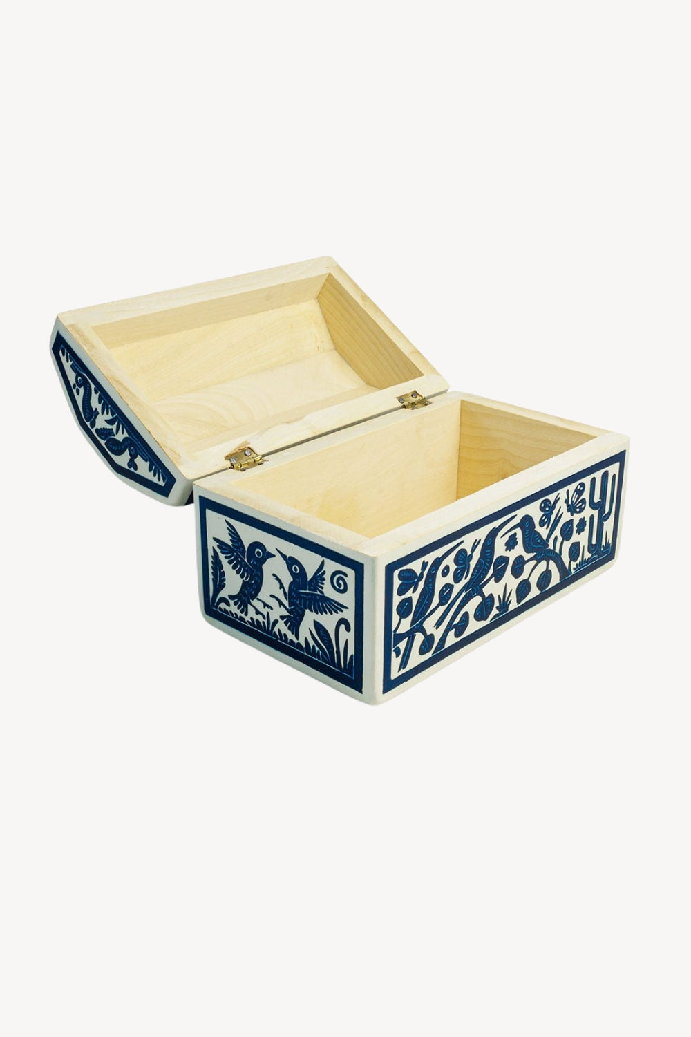 An open wooden keepsake box with a light natural wood interior and exterior decorated with dark blue painted floral and bird motifs, shown on a white background.