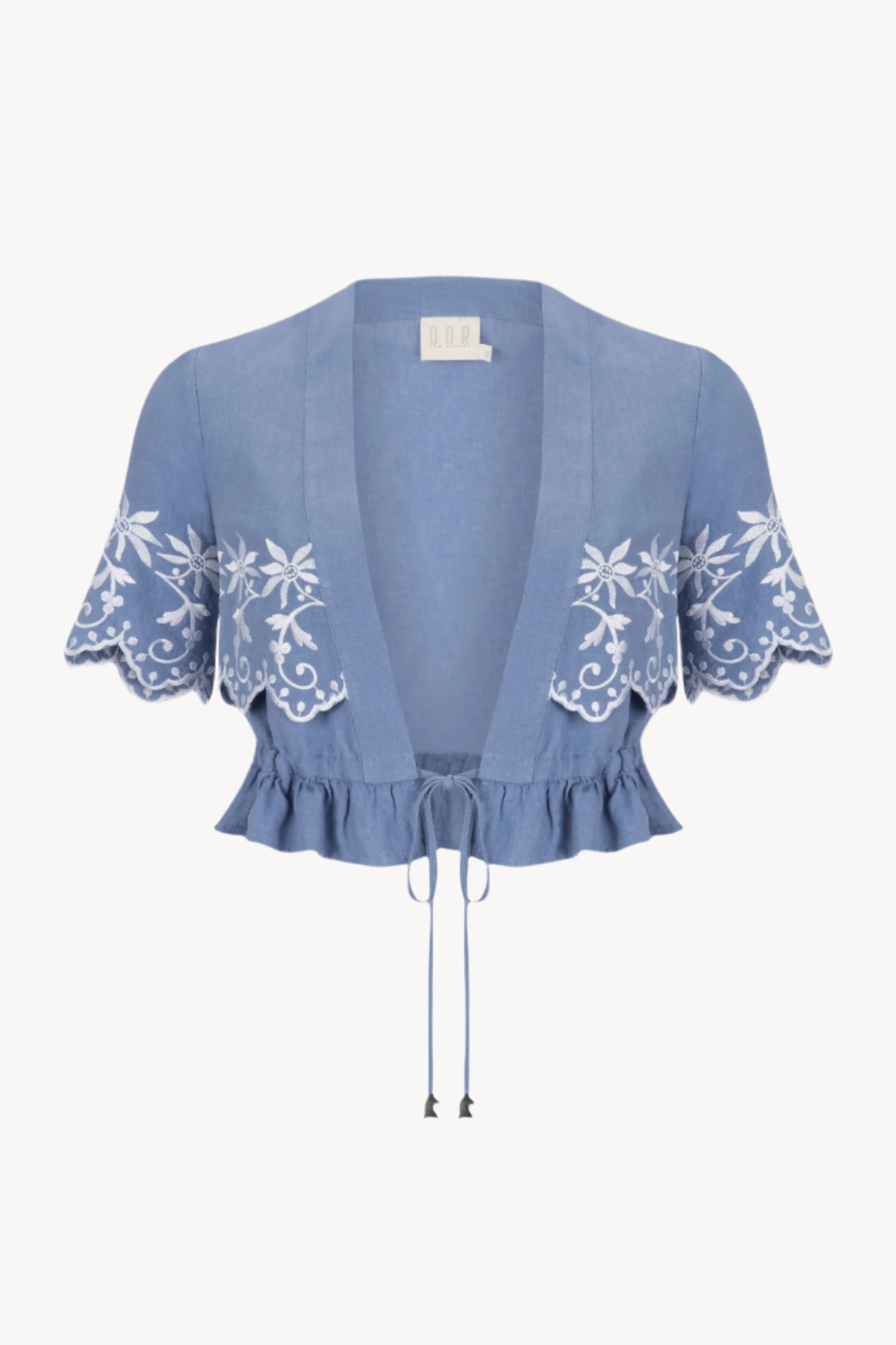 Cropped blue embroidered top with ruffled sleeves on a white background