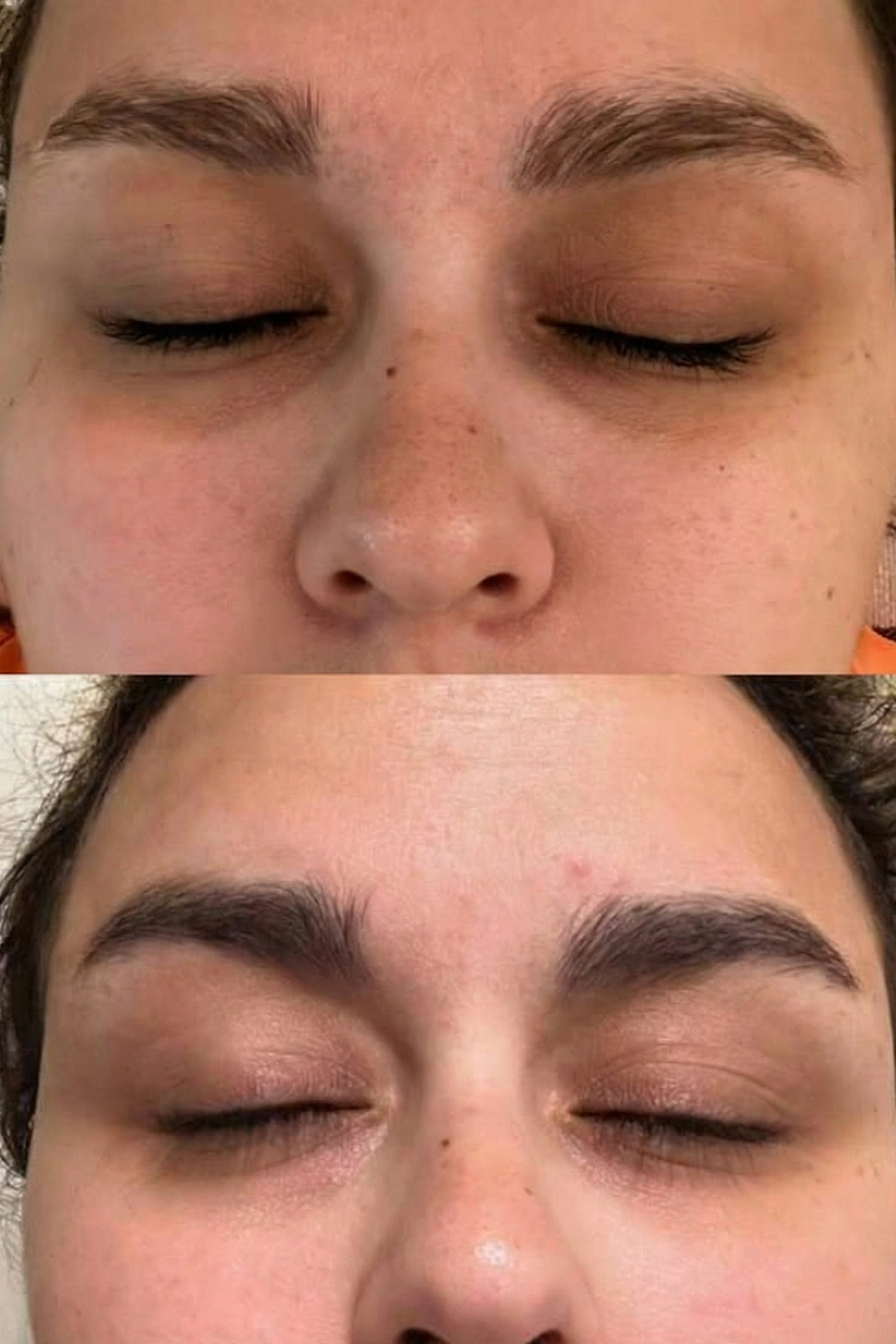 Before and after comparison of a person's eyebrows with close-up views.