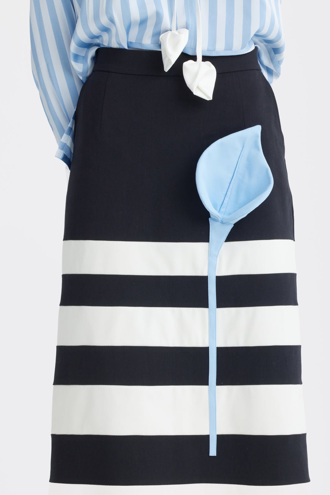 Contemporary Striped A-Line Skirt, Blue Floral Detail – Black-White - Julia Allert