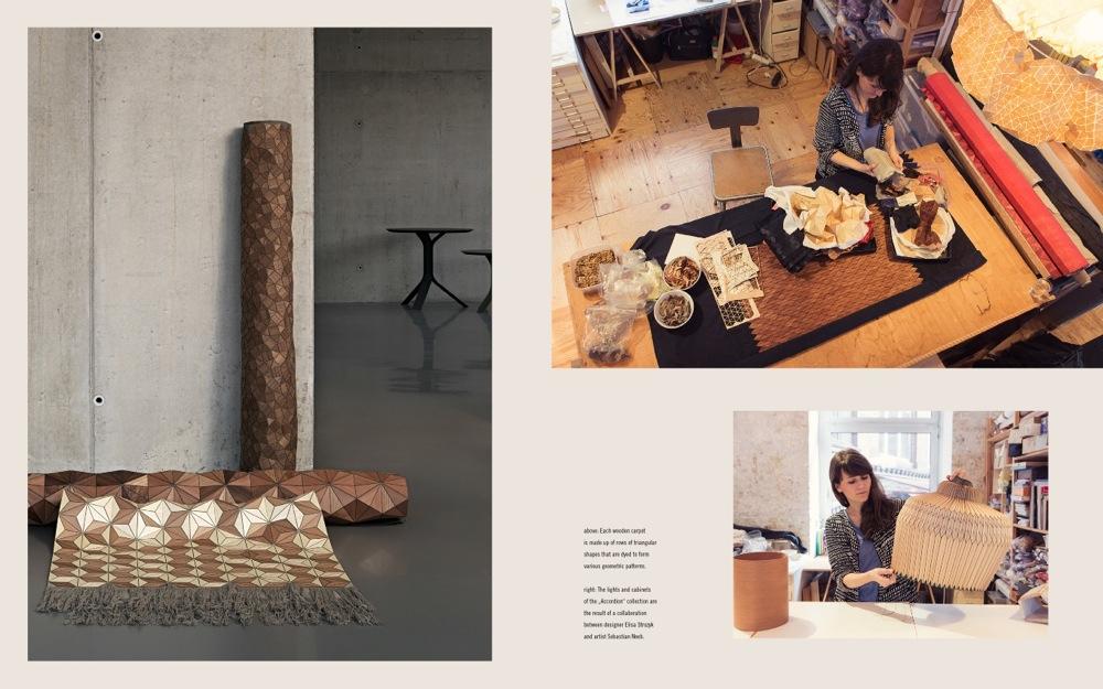 Collage of woven products and a person working in a workshop.