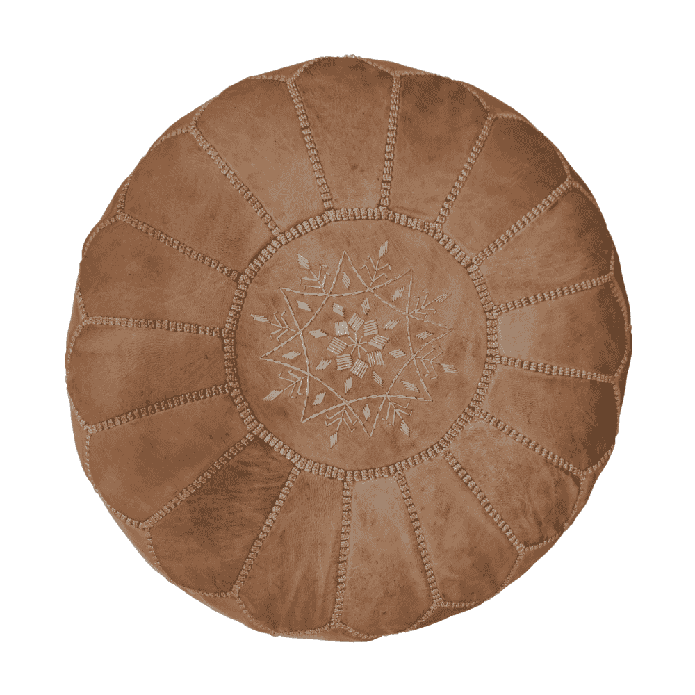 Round brown leather pouf with star pattern on a white background