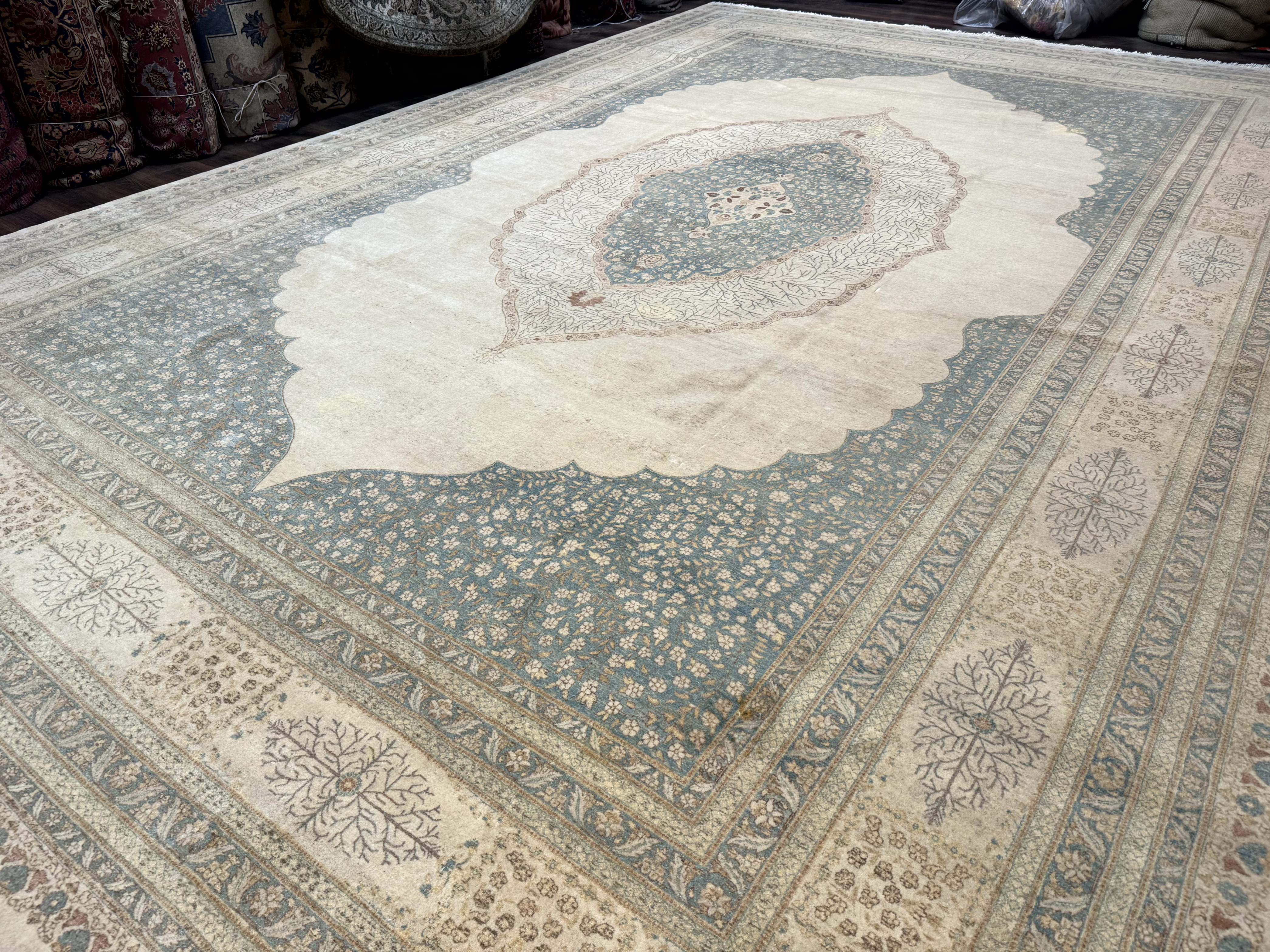 Palace Sized Pakistani Rug 12x18 | Haji Jalili Design, Oat and Light Blue | Fine 260 KPSI