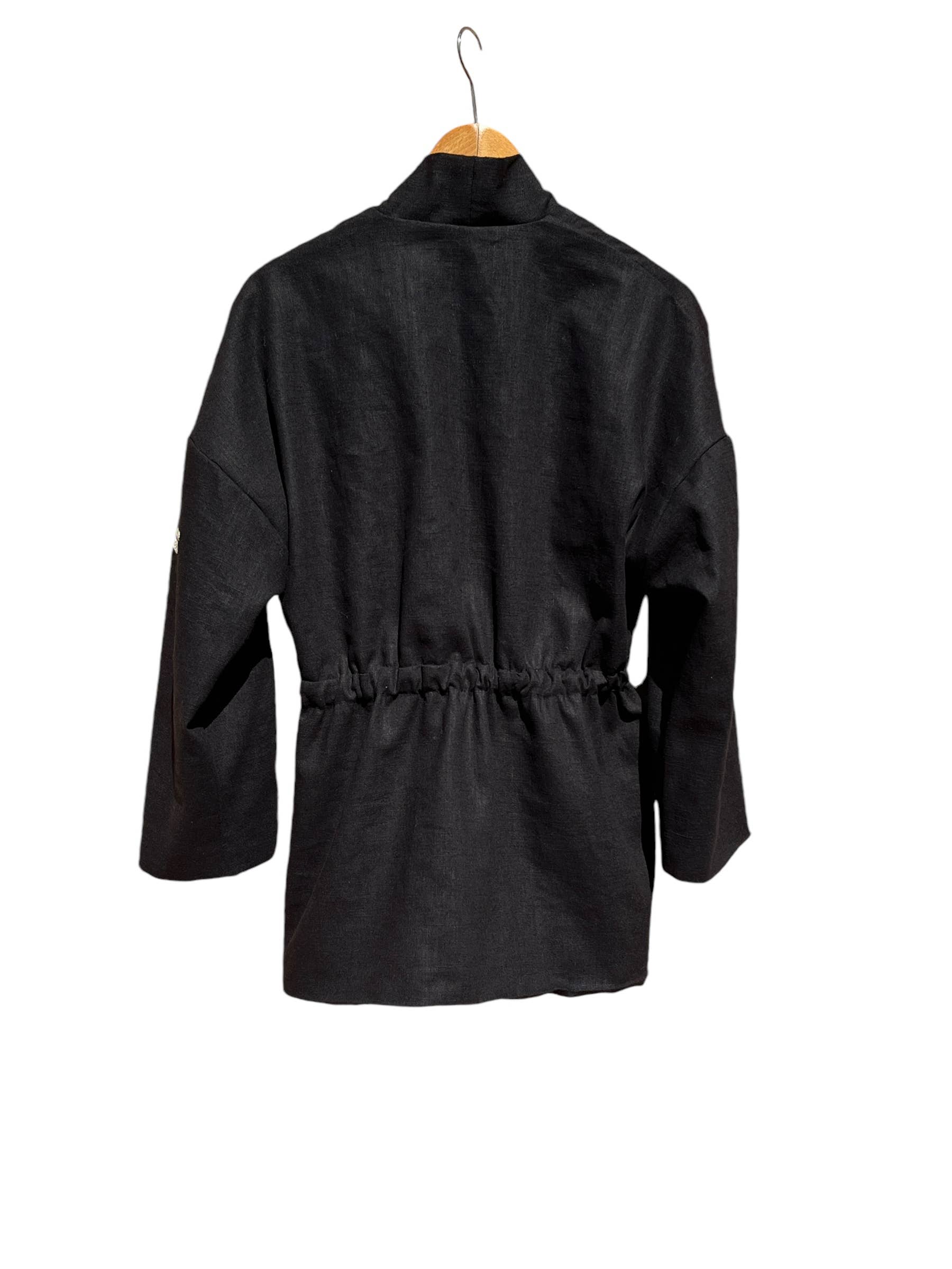 Nopal Jacket in Hand Embroidered Black Canvas Linen