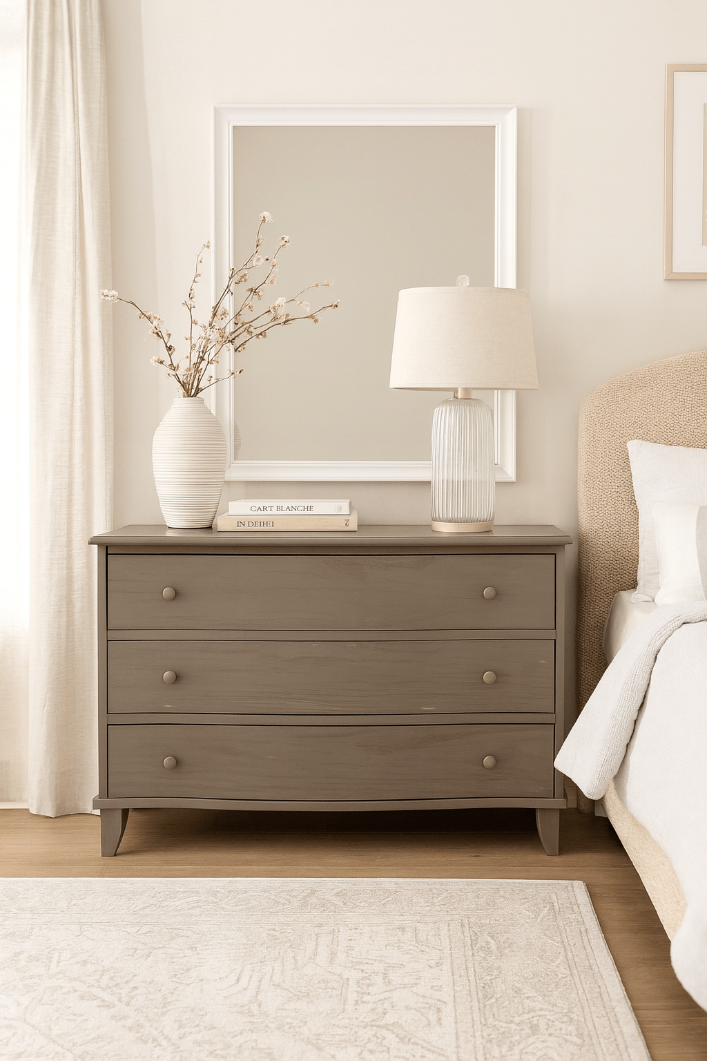 Gray dresser with decorative items in a bedroom setting