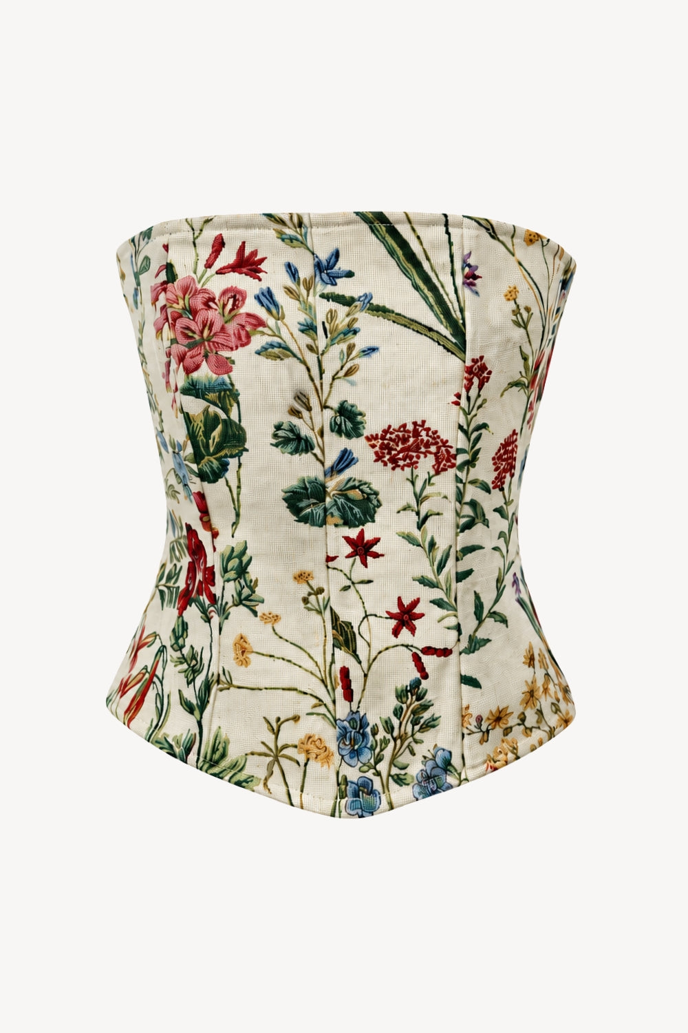 A structured corset-style top with a floral tapestry pattern on a cream background, featuring red, blue, green, and yellow flowers with green leaves.