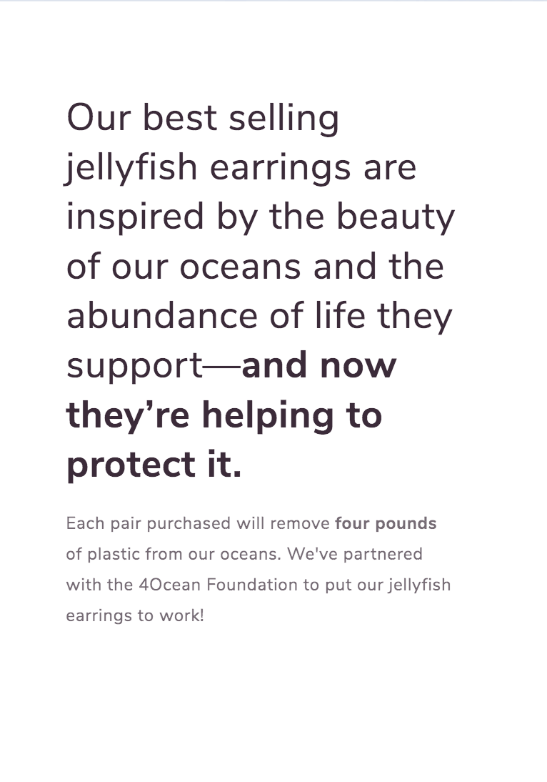 Text about jellyfish earrings inspired by ocean beauty and their environmental impact, partnered with the 4Ocean Foundation.