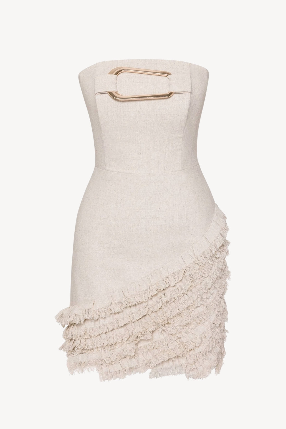 Beige strapless dress with ruffled skirt and gold metal detail on a white background
