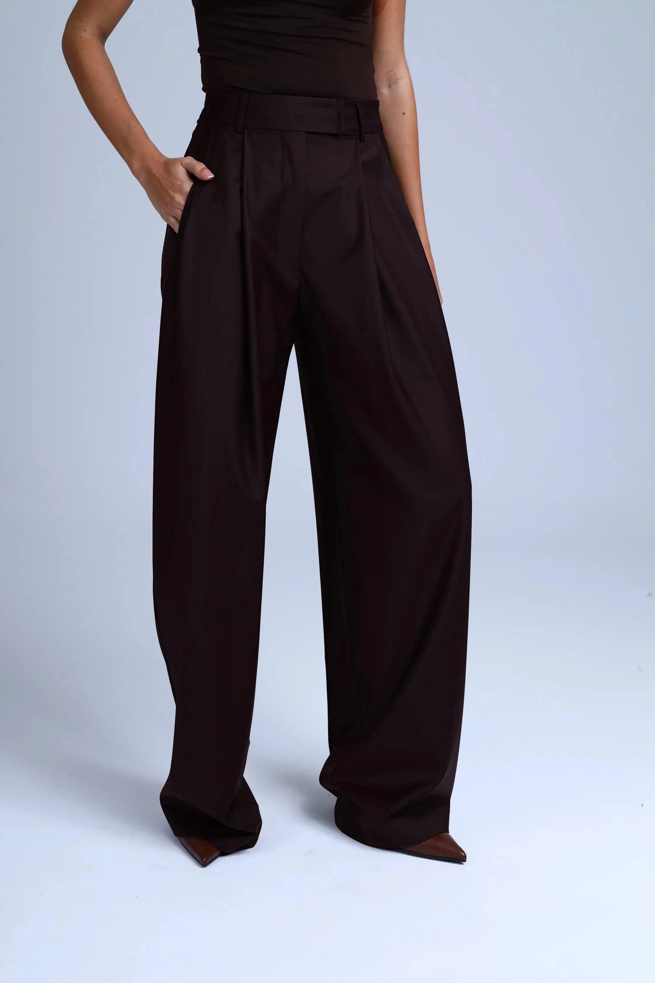 Brown wide-leg pants worn by a person on a white background