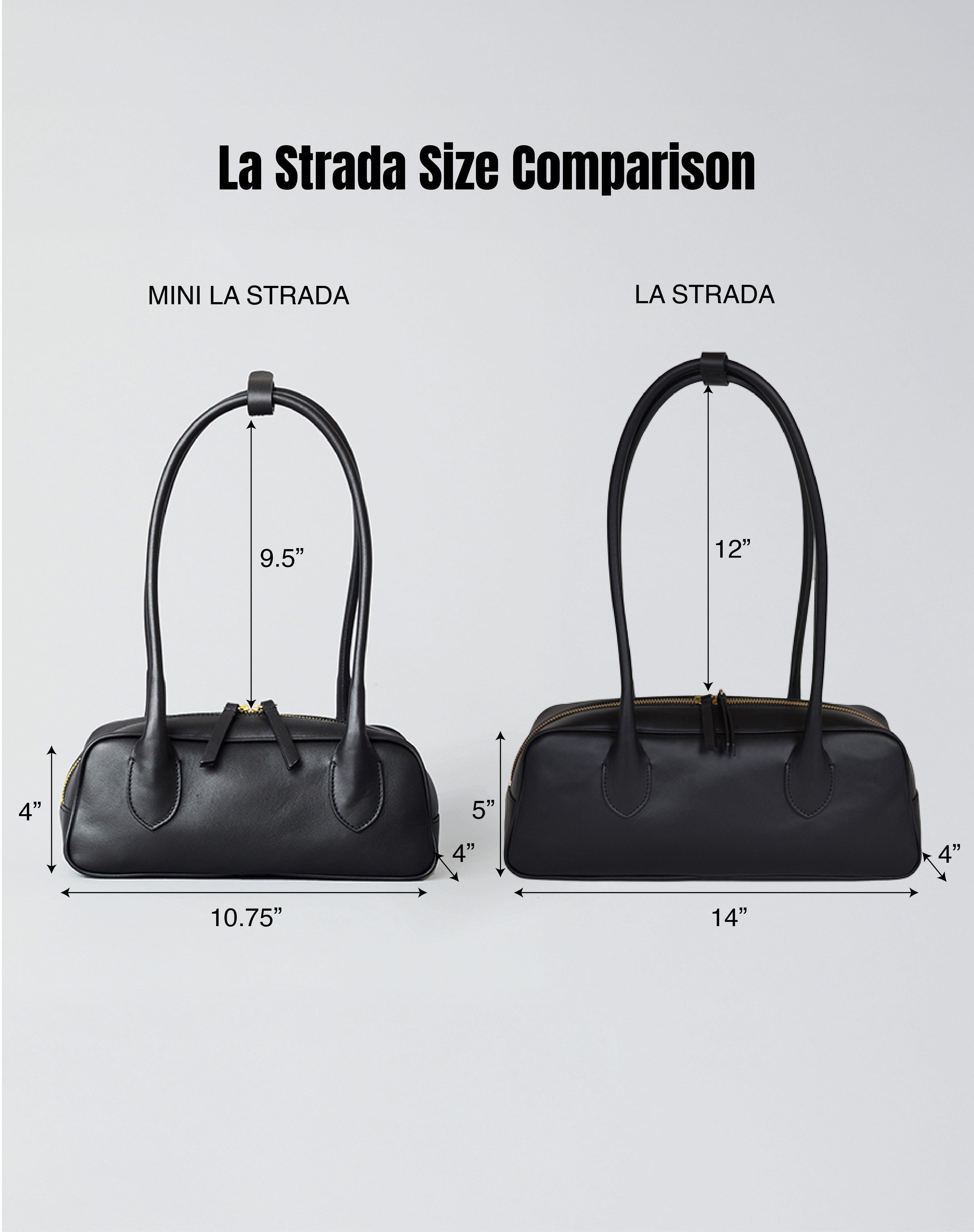 Comparison chart of Mini La Strada and La Strada handbags with dimensions on a white background.