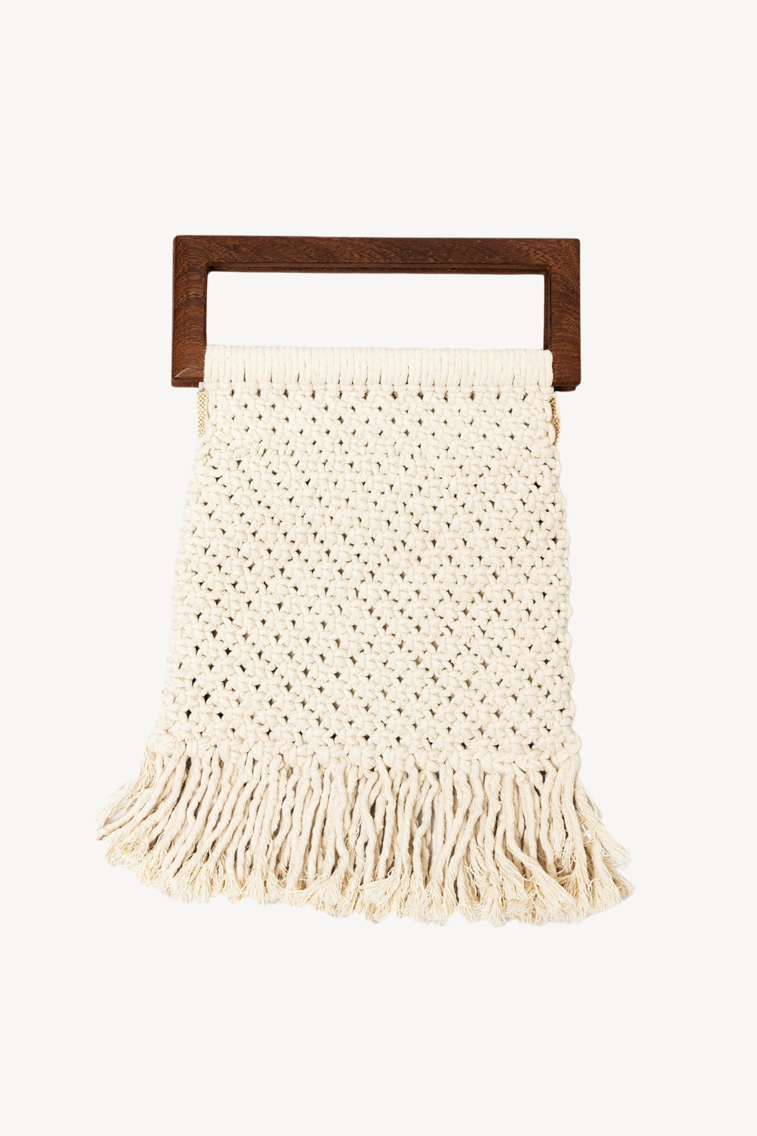 Macrame clutch bag with wooden frame on a white background.