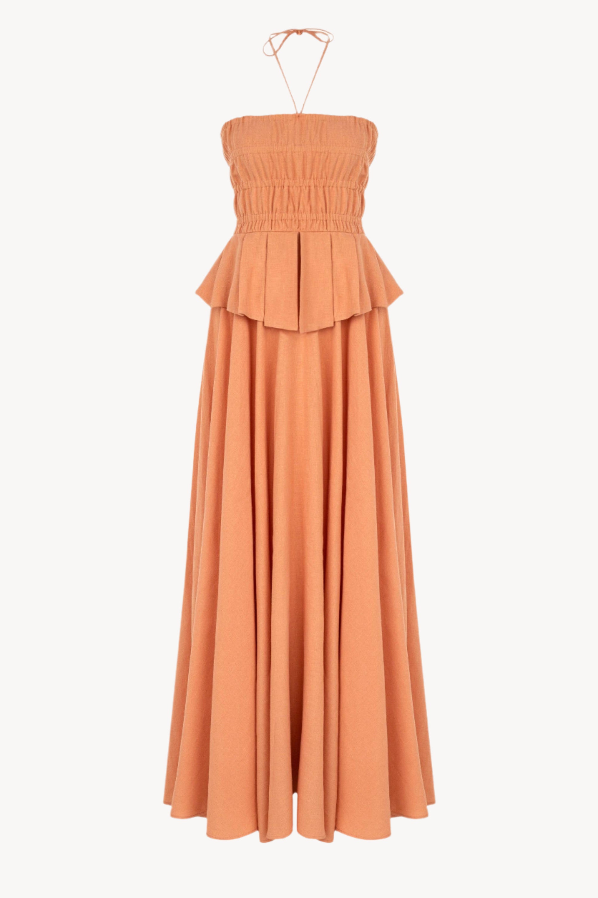 Orange strapless dress with peplum detail on a white background
