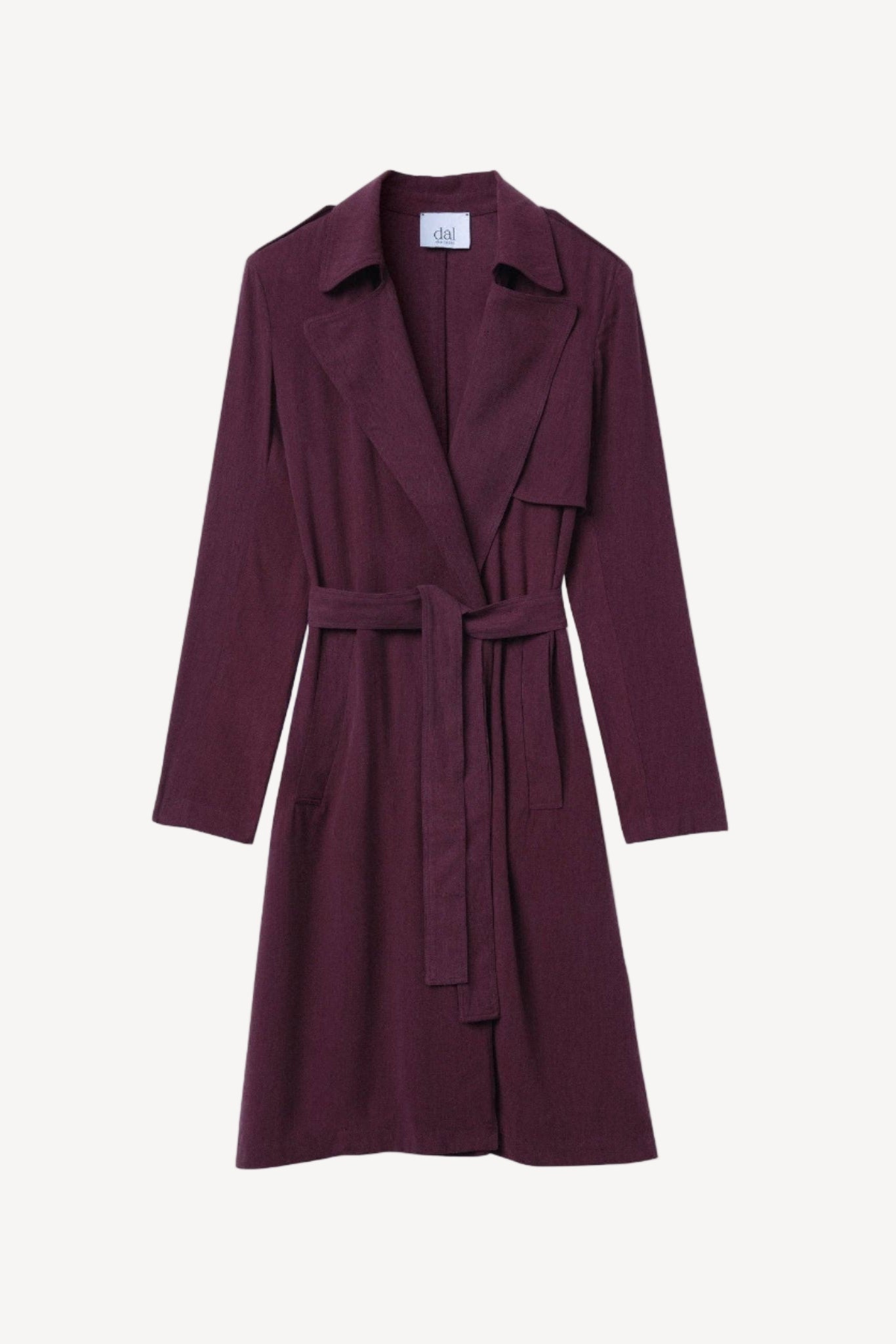 Maroon trench coat on a light gray background
