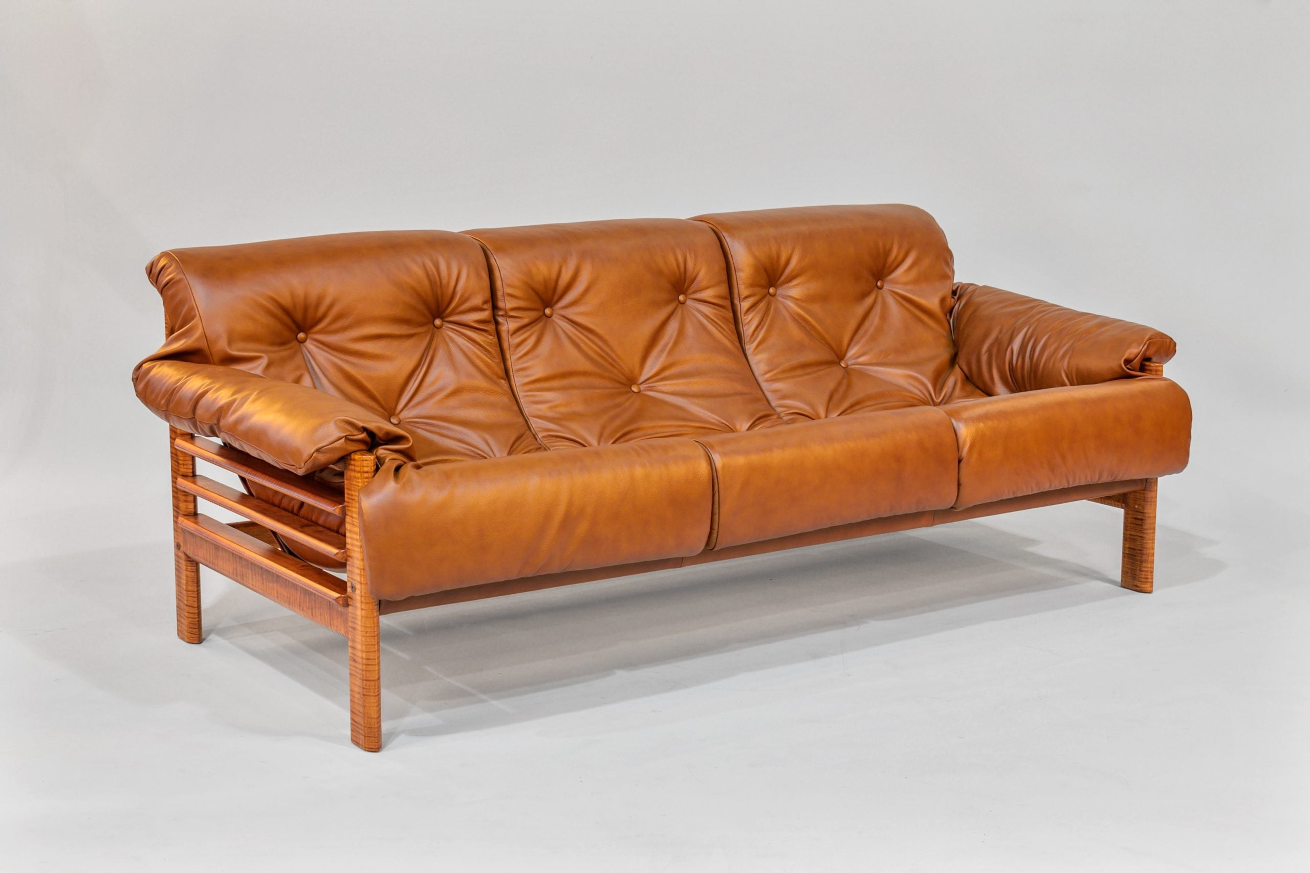 Sofa | Brown Leather with Tiger Maple Arms (Honey)