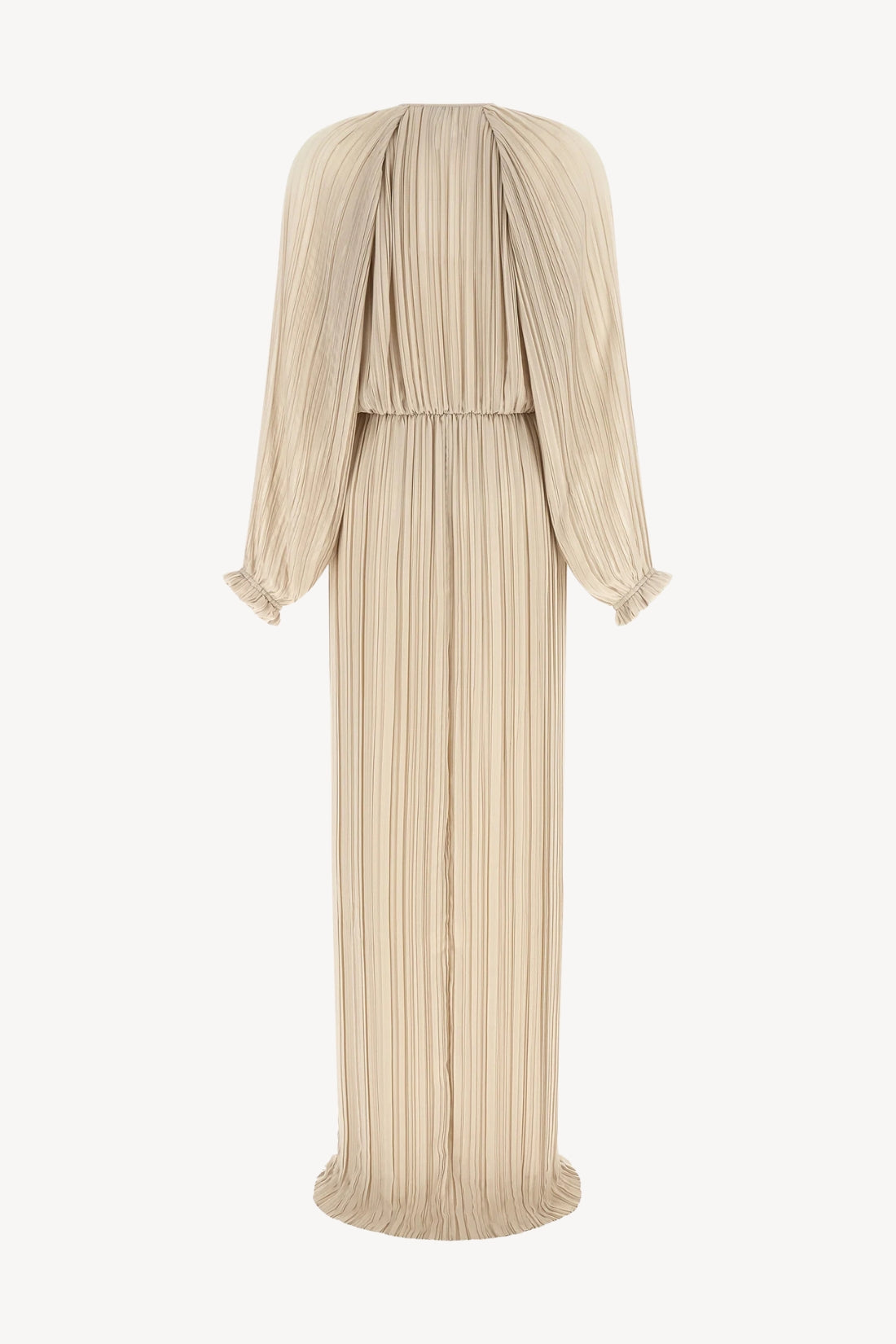 A floor-length pleated maxi dress in a light beige or cream shade, shown from the back on a plain white background.