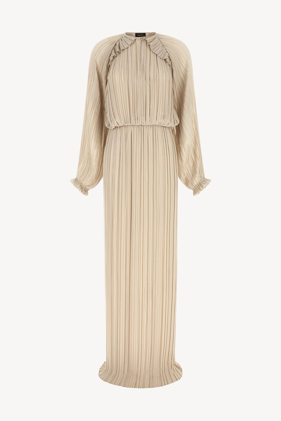 A long-sleeved pleated maxi dress in a light beige or cream color, featuring a ruffled high neckline and a gathered waist, shown against a plain off-white background.
